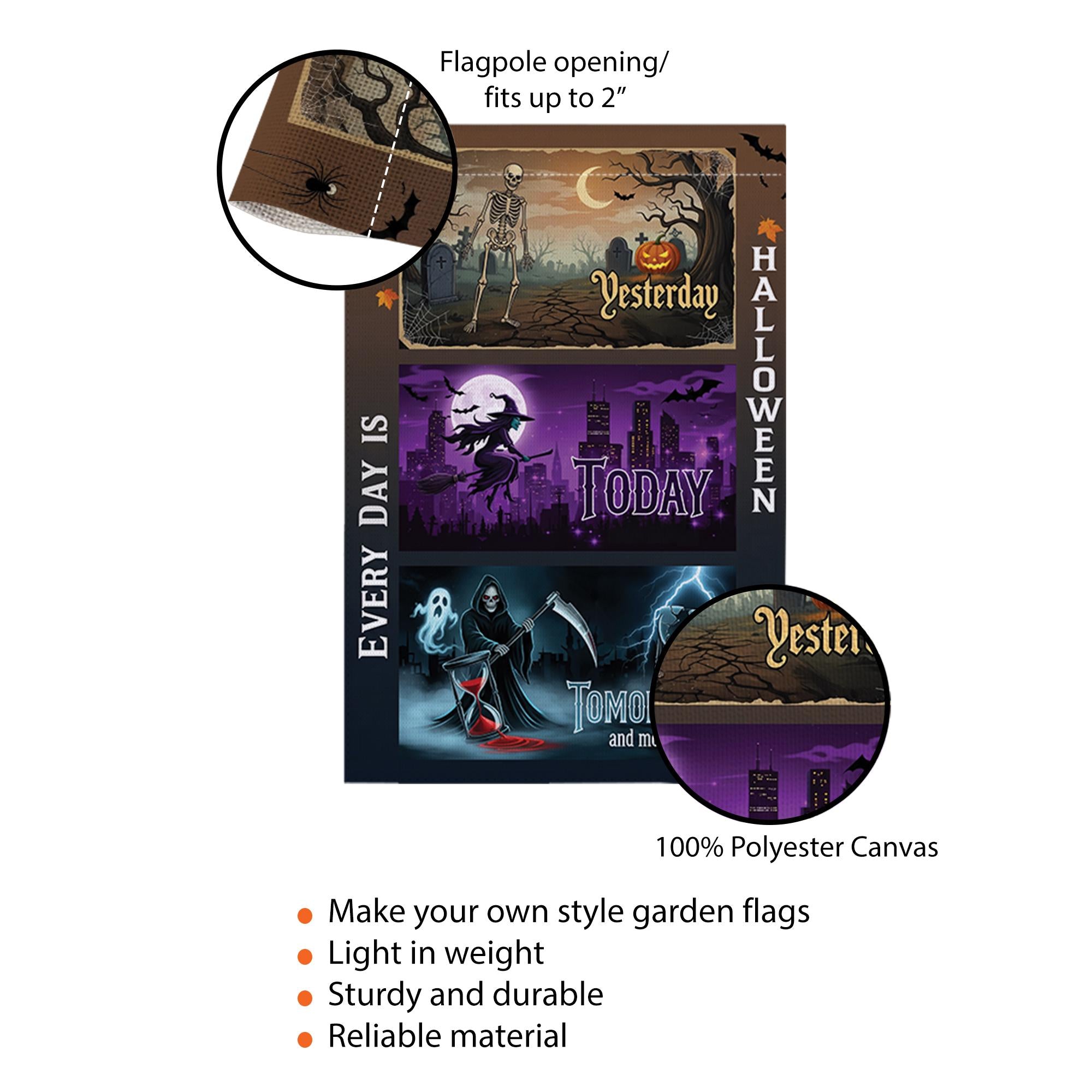 Every Day Is Halloween Garden Flag – Funny Spooky Yard Decor with Skeleton, Witch, Grim Reaper for October Outdoor Display