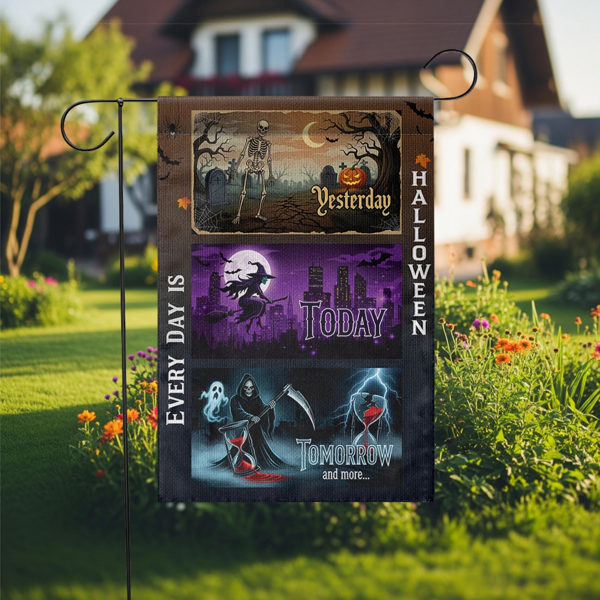 Every Day Is Halloween Garden Flag – Funny Spooky Yard Decor with Skeleton, Witch, Grim Reaper for October Outdoor Display