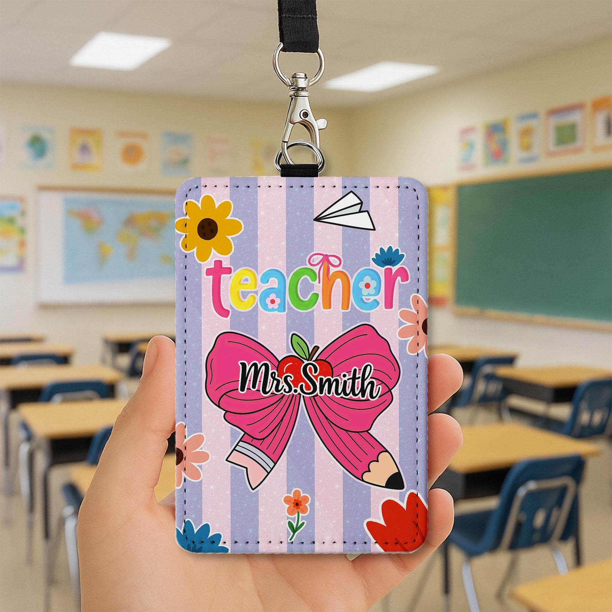 Personalized Teacher Badge Holder, Cute Pencil Bow ID Holder, Custom Name Lanyard, Back to School Teacher Gift, Floral ID Tag