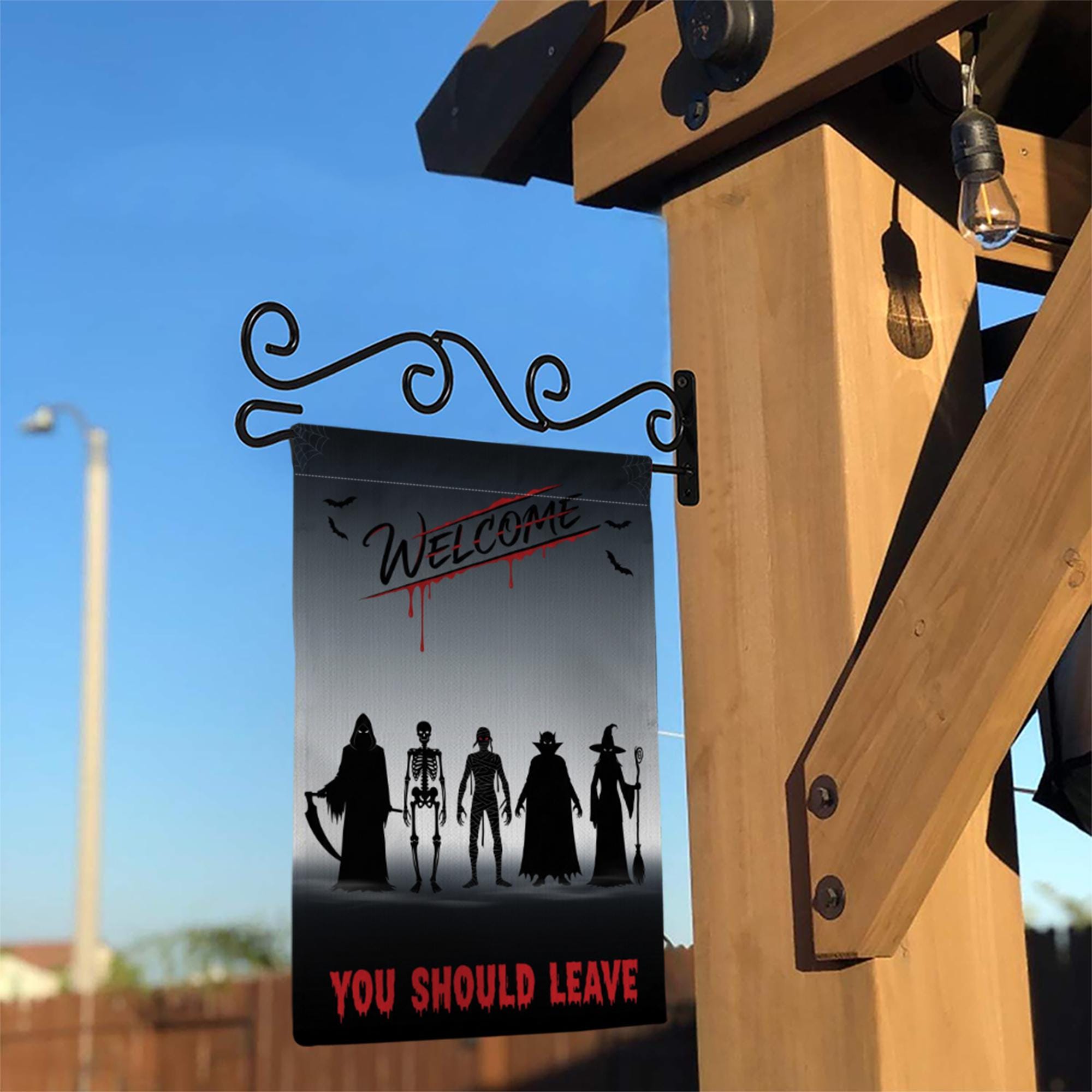 Scary Halloween Garden Flag – Welcome You Should Leave Yard Sign with Reaper, Skeleton, Witch, Vampire, Zombie Silhouettes