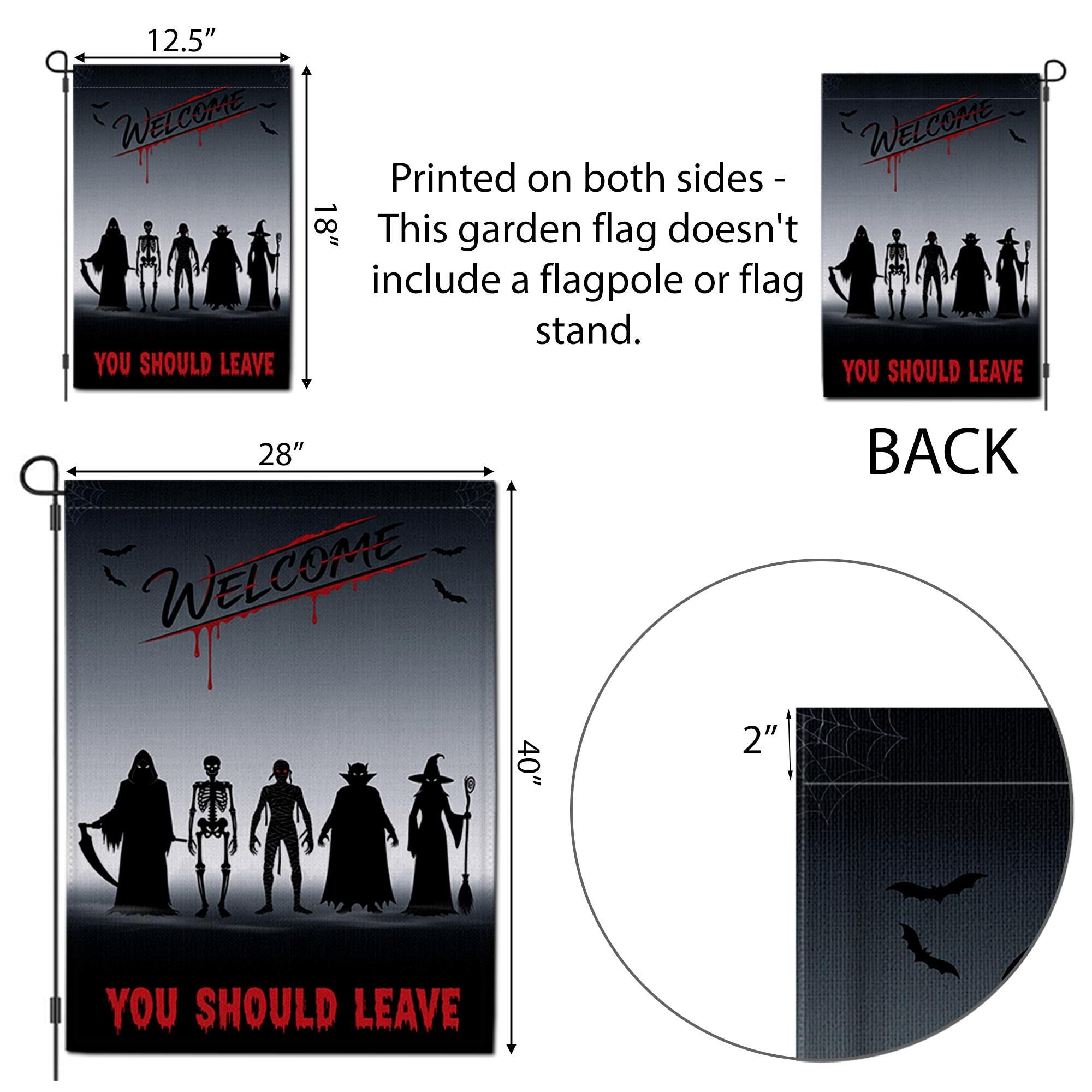 Scary Halloween Garden Flag – Welcome You Should Leave Yard Sign with Reaper, Skeleton, Witch, Vampire, Zombie Silhouettes
