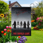 Scary Halloween Garden Flag – Welcome You Should Leave Yard Sign with Reaper, Skeleton, Witch, Vampire, Zombie Silhouettes