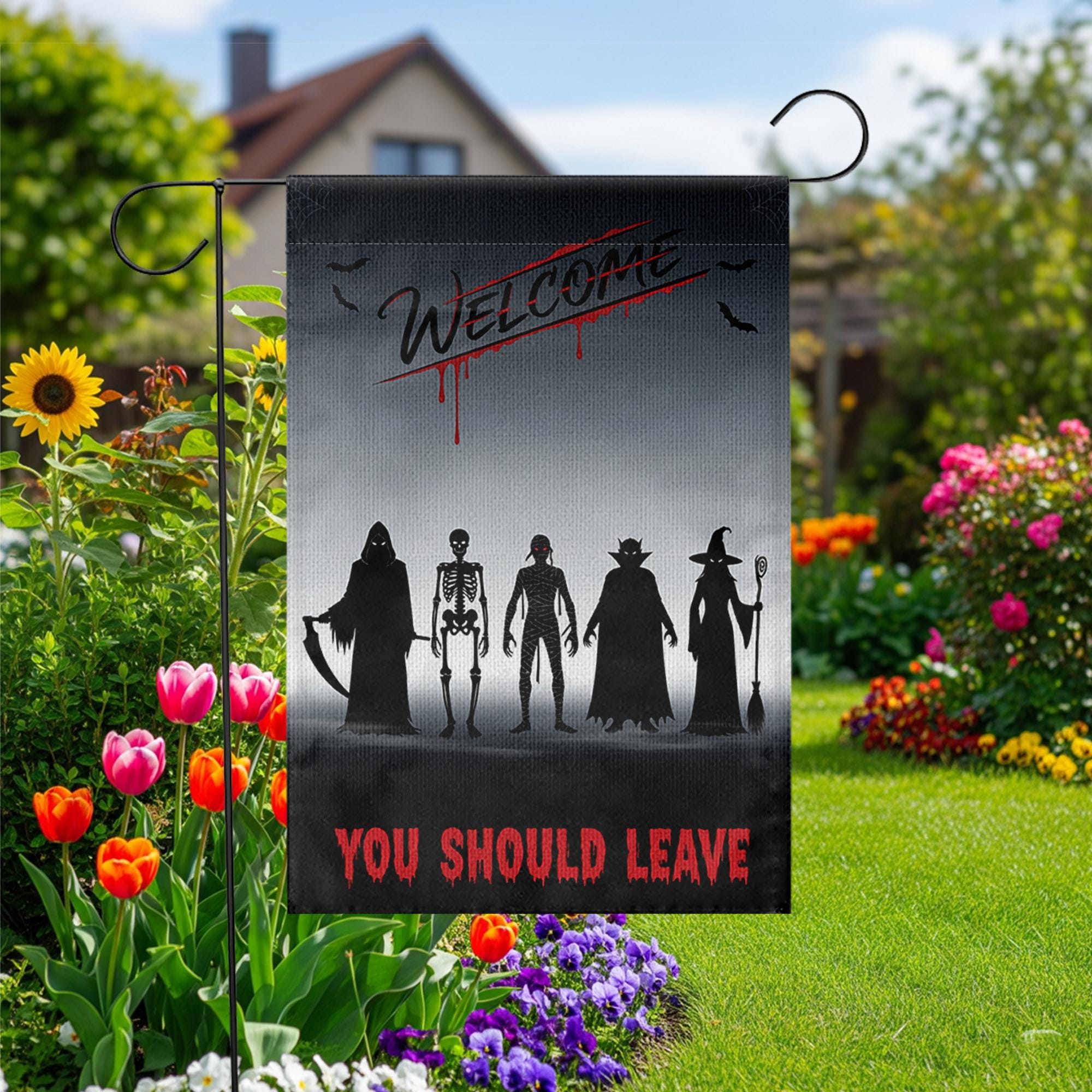 Scary Halloween Garden Flag – Welcome You Should Leave Yard Sign with Reaper, Skeleton, Witch, Vampire, Zombie Silhouettes