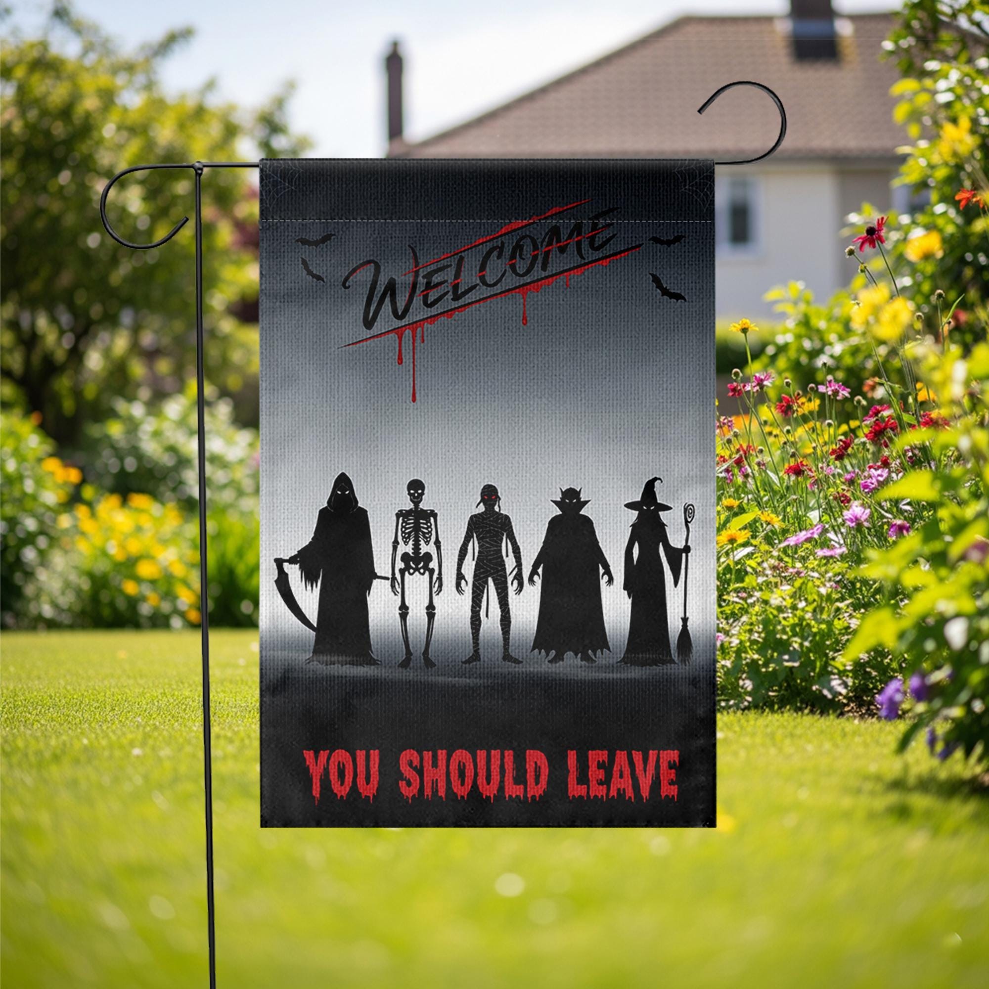 Scary Halloween Garden Flag – Welcome You Should Leave Yard Sign with Reaper, Skeleton, Witch, Vampire, Zombie Silhouettes