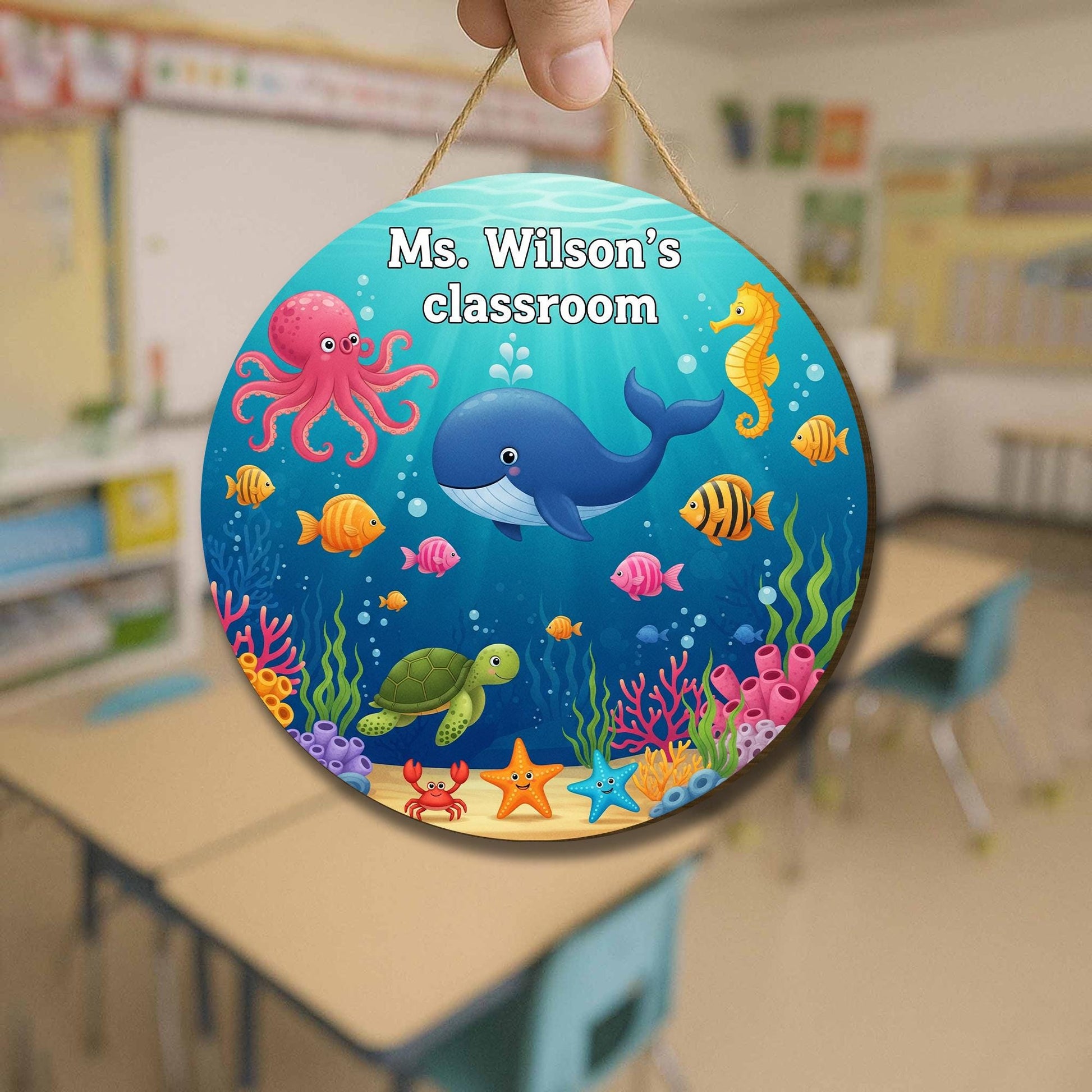 Personalized Under the Sea Classroom Sign – Ocean Theme Teacher Door Decor with Whale, Octopus, Fish – Custom School Wall Sign