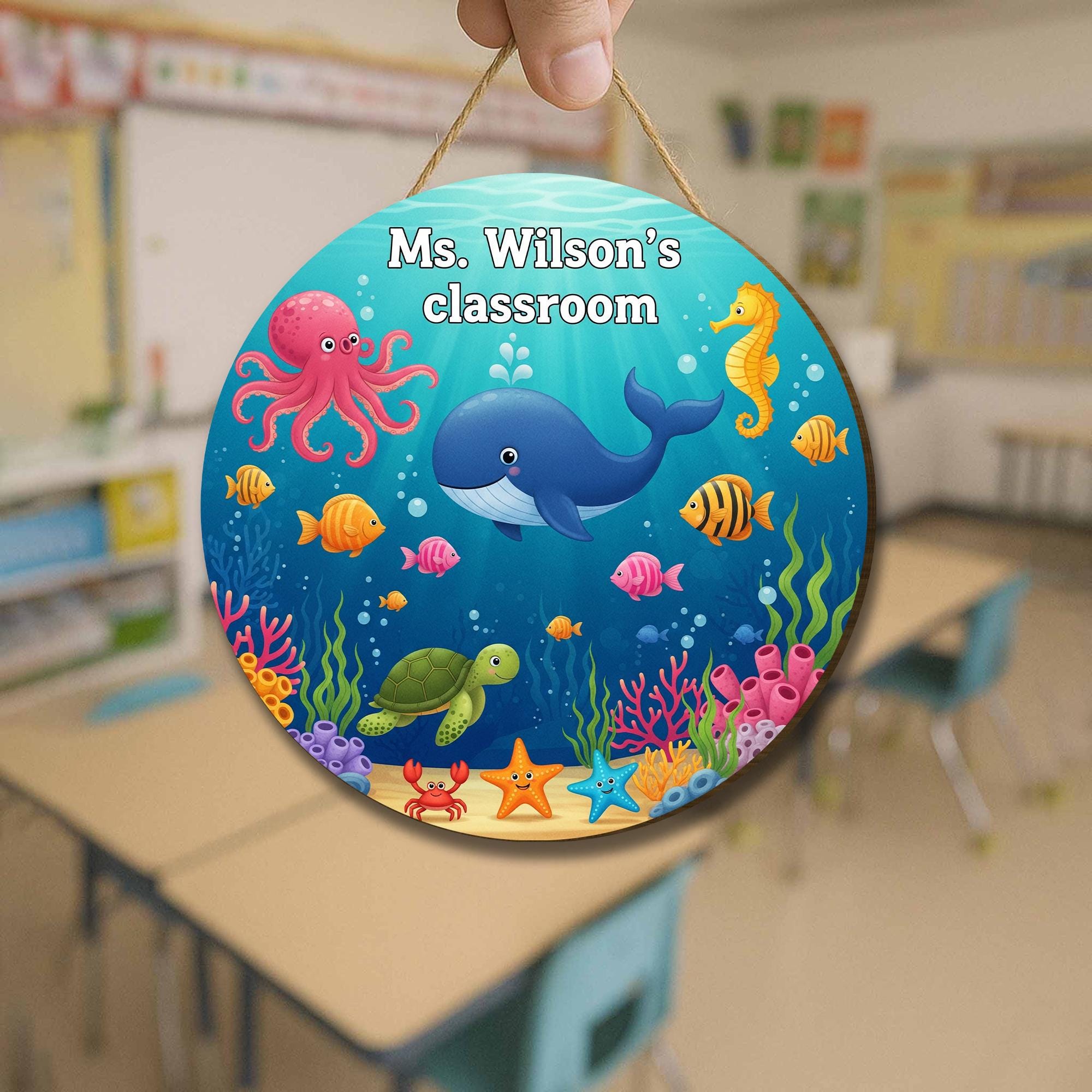 Personalized Under the Sea Classroom Sign – Ocean Theme Teacher Door Decor with Whale, Octopus, Fish – Custom School Wall Sign