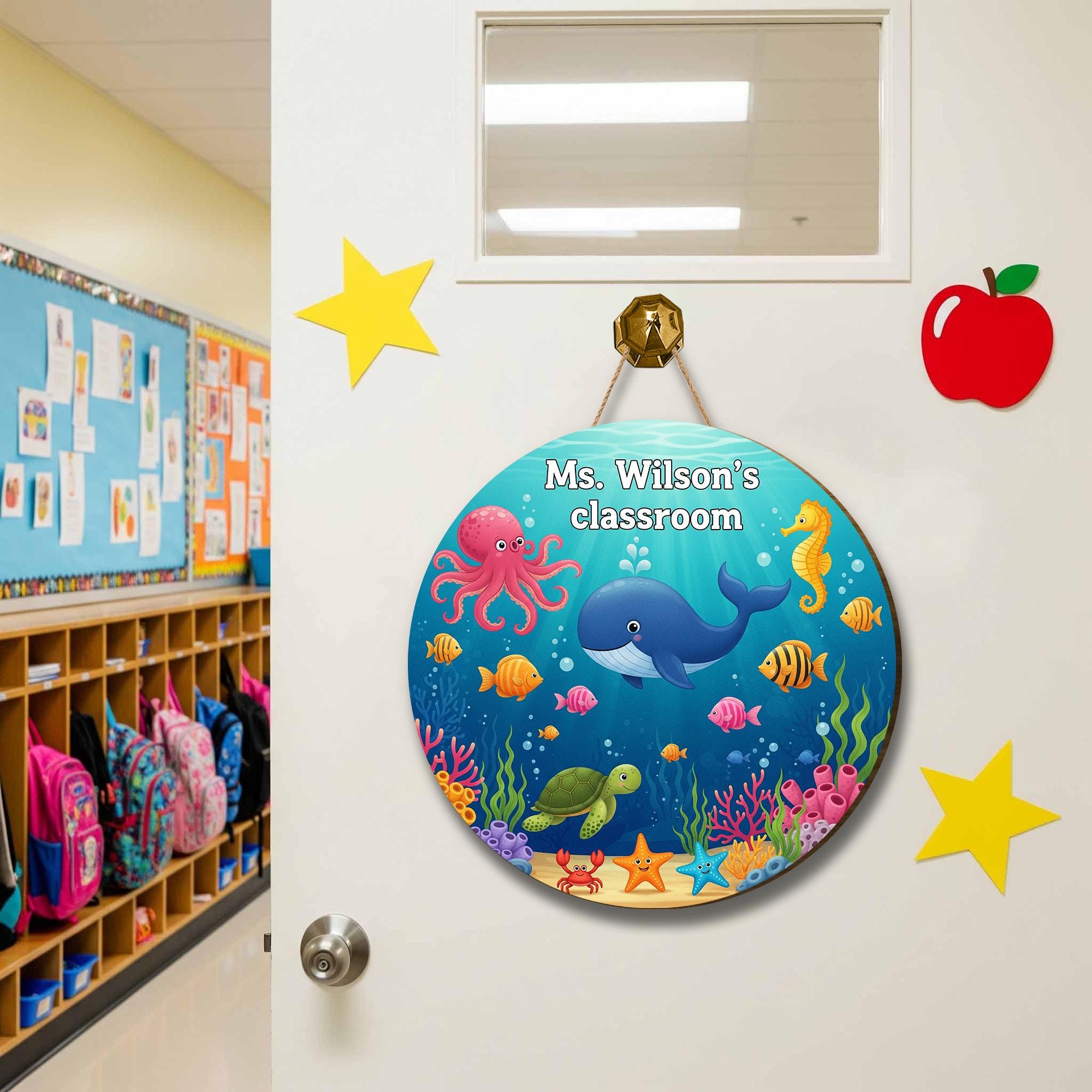 Personalized Under the Sea Classroom Sign – Ocean Theme Teacher Door Decor with Whale, Octopus, Fish – Custom School Wall Sign