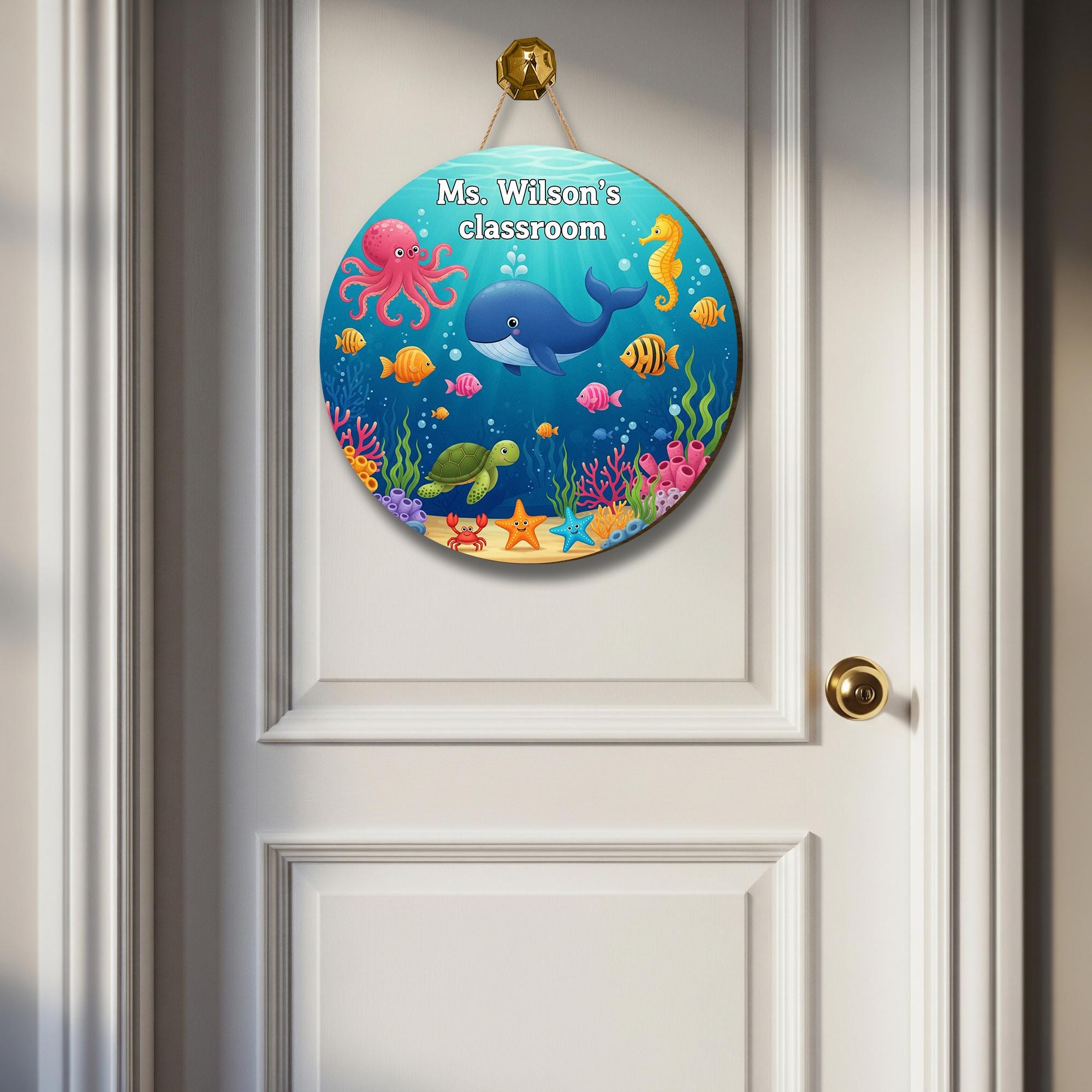 Personalized Under the Sea Classroom Sign – Ocean Theme Teacher Door Decor with Whale, Octopus, Fish – Custom School Wall Sign