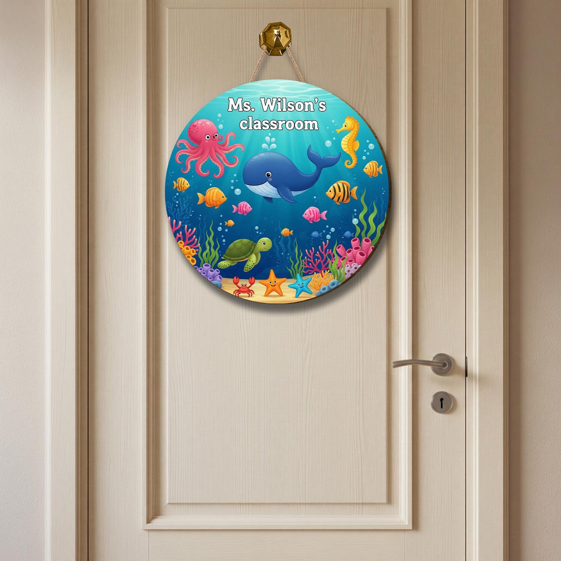 Personalized Under the Sea Classroom Sign – Ocean Theme Teacher Door Decor with Whale, Octopus, Fish – Custom School Wall Sign