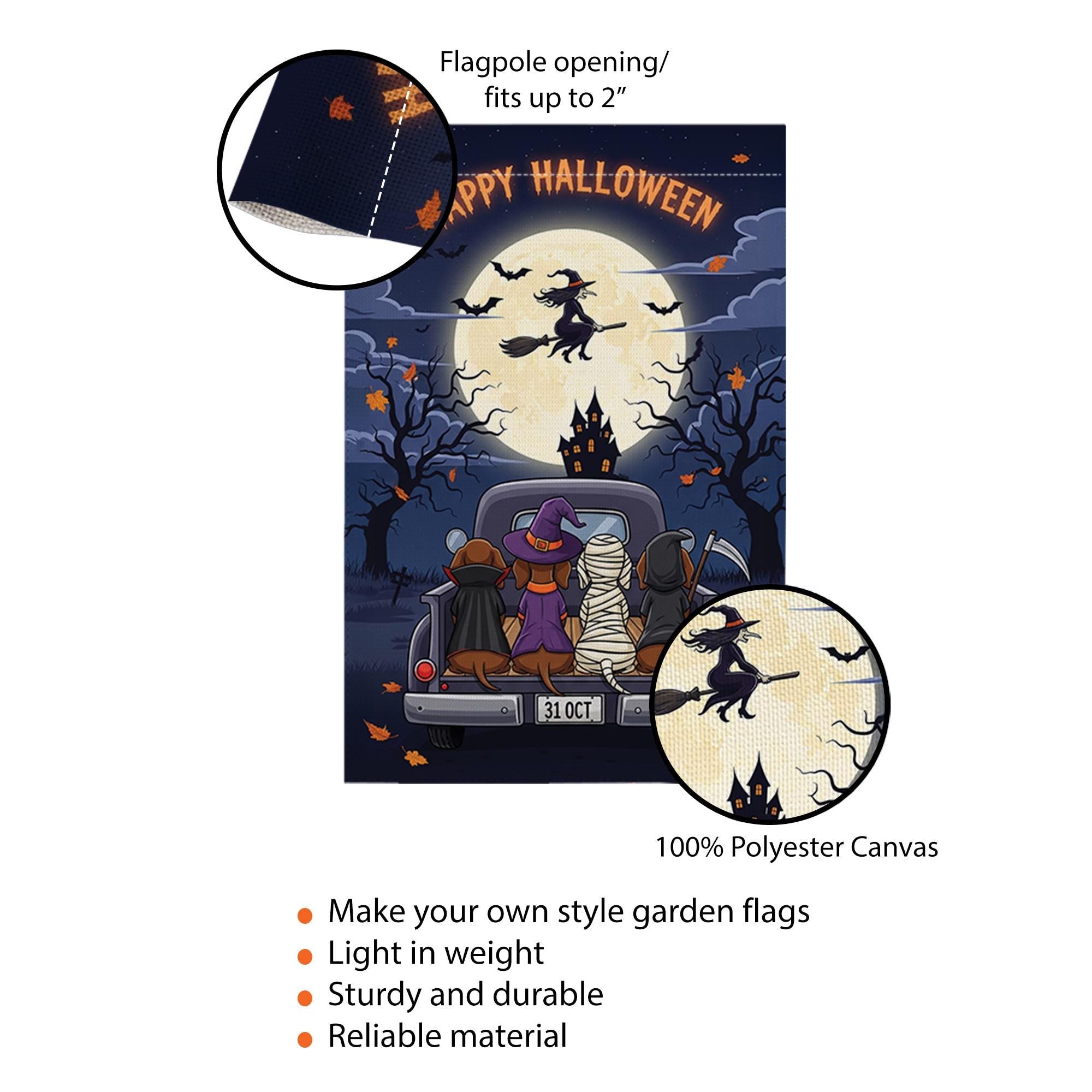 Happy Halloween Garden Flag – Dachshund Dogs in Costumes on Truck, Witch Flying Over Full Moon – Cute Spooky Yard Decor