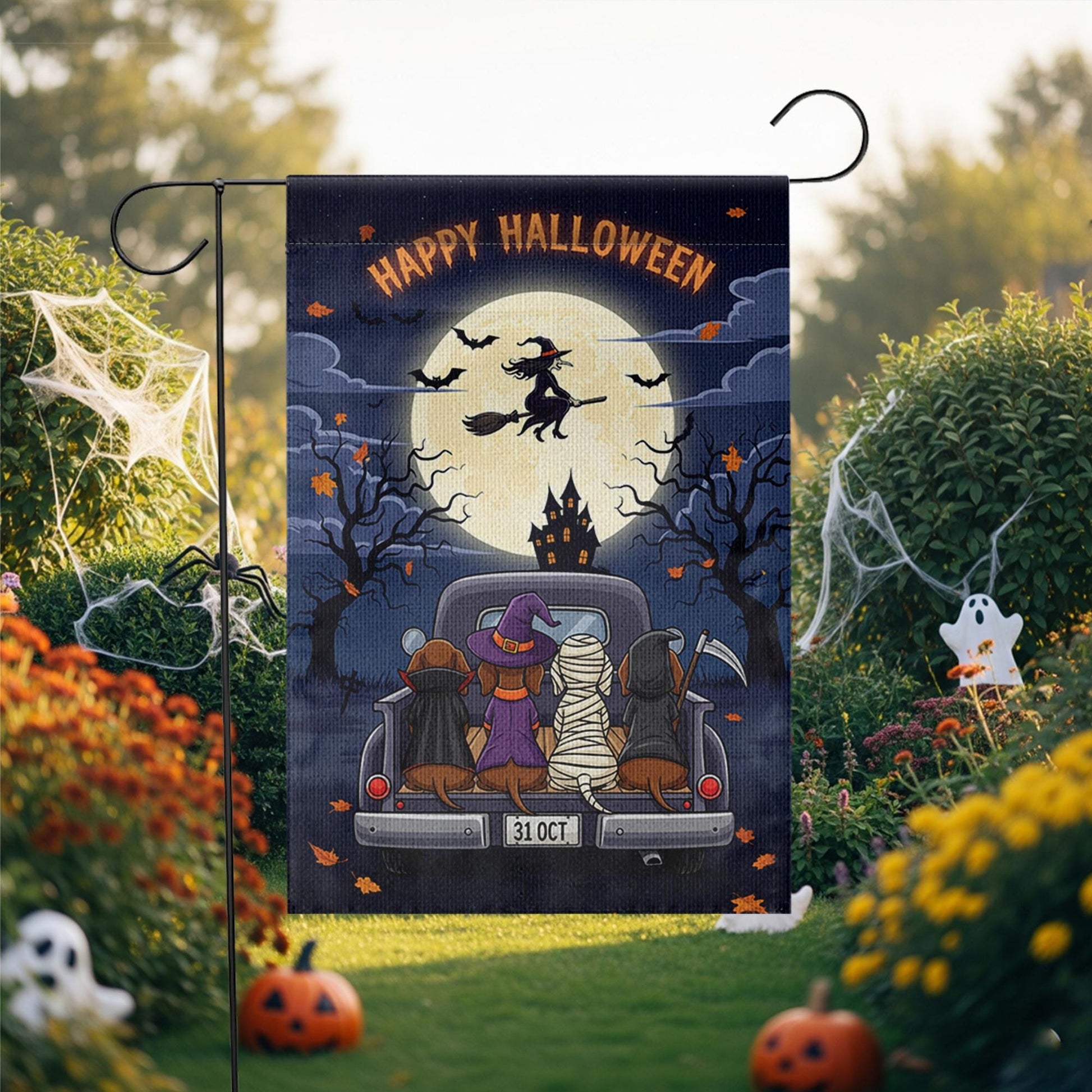 Happy Halloween Garden Flag – Dachshund Dogs in Costumes on Truck, Witch Flying Over Full Moon – Cute Spooky Yard Decor