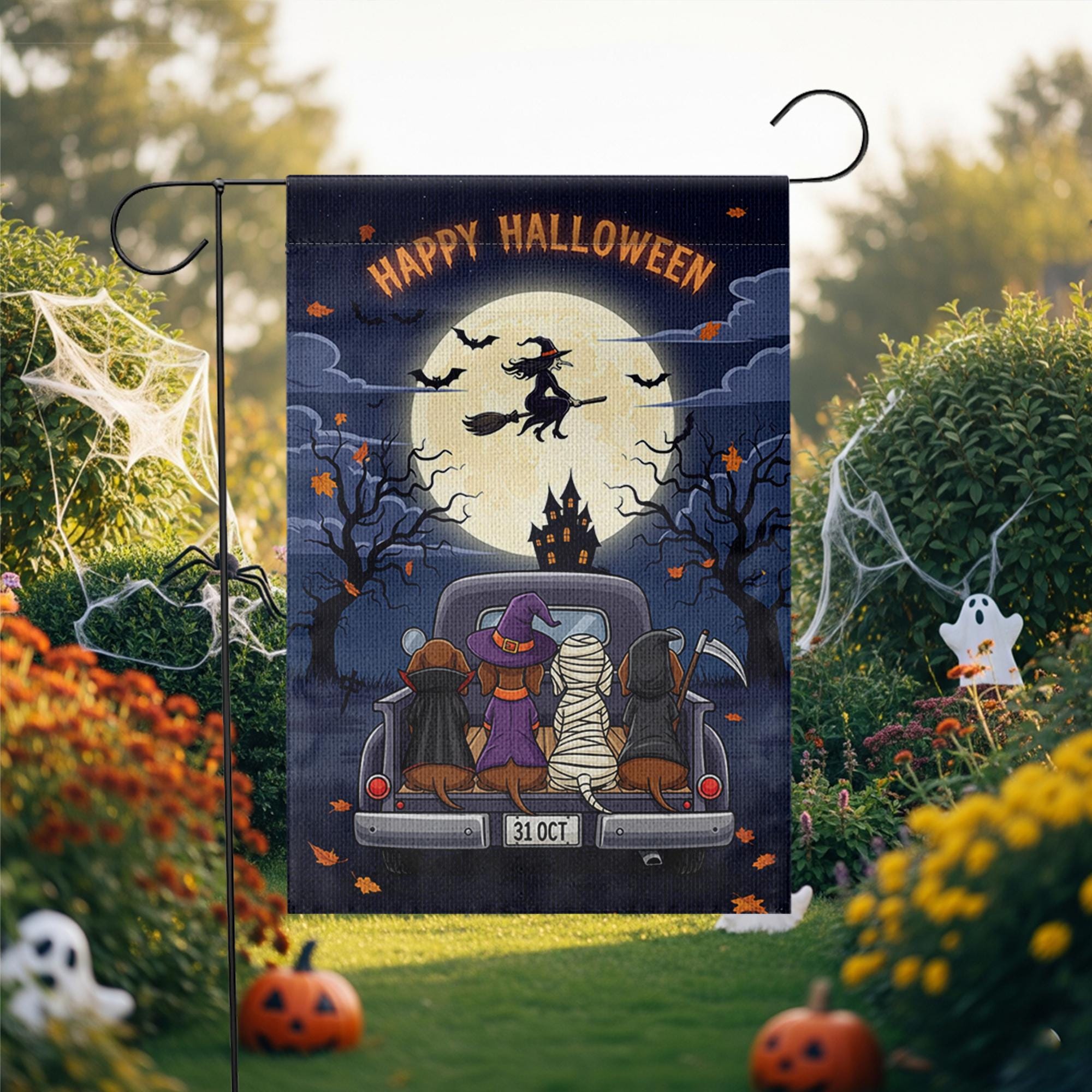 Happy Halloween Garden Flag – Dachshund Dogs in Costumes on Truck, Witch Flying Over Full Moon – Cute Spooky Yard Decor