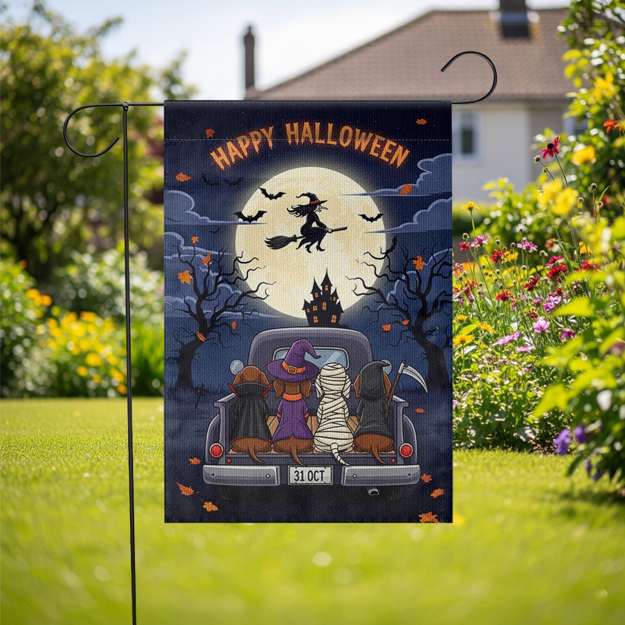Happy Halloween Garden Flag – Dachshund Dogs in Costumes on Truck, Witch Flying Over Full Moon – Cute Spooky Yard Decor