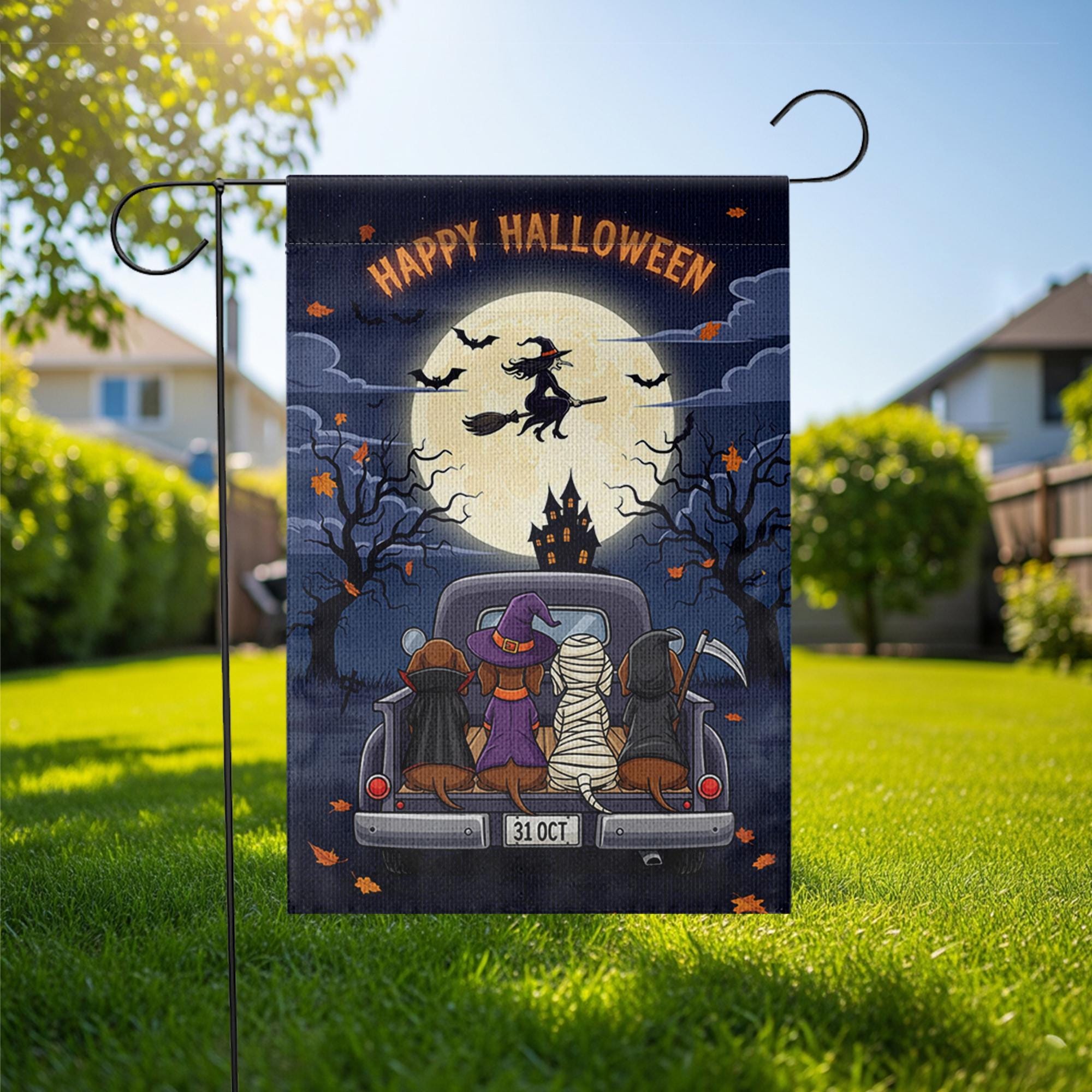 Happy Halloween Garden Flag – Dachshund Dogs in Costumes on Truck, Witch Flying Over Full Moon – Cute Spooky Yard Decor