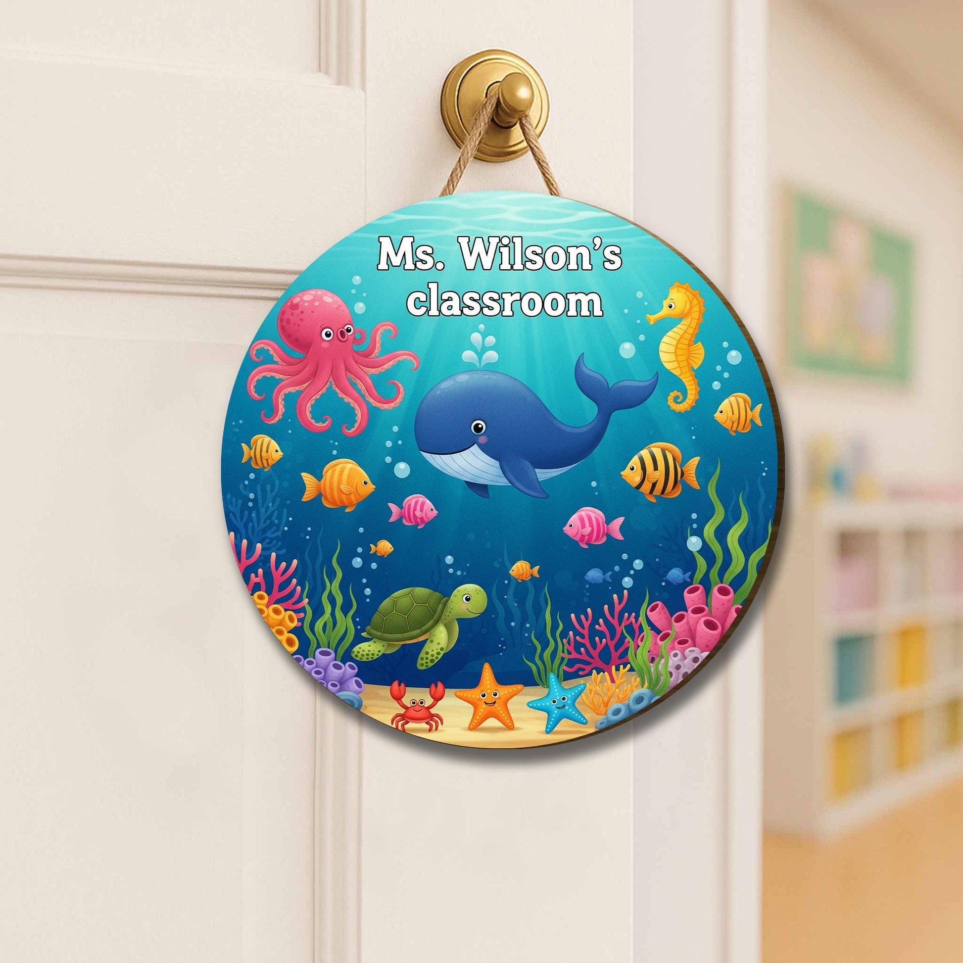 Personalized Under the Sea Classroom Sign – Ocean Theme Teacher Door Decor with Whale, Octopus, Fish – Custom School Wall Sign