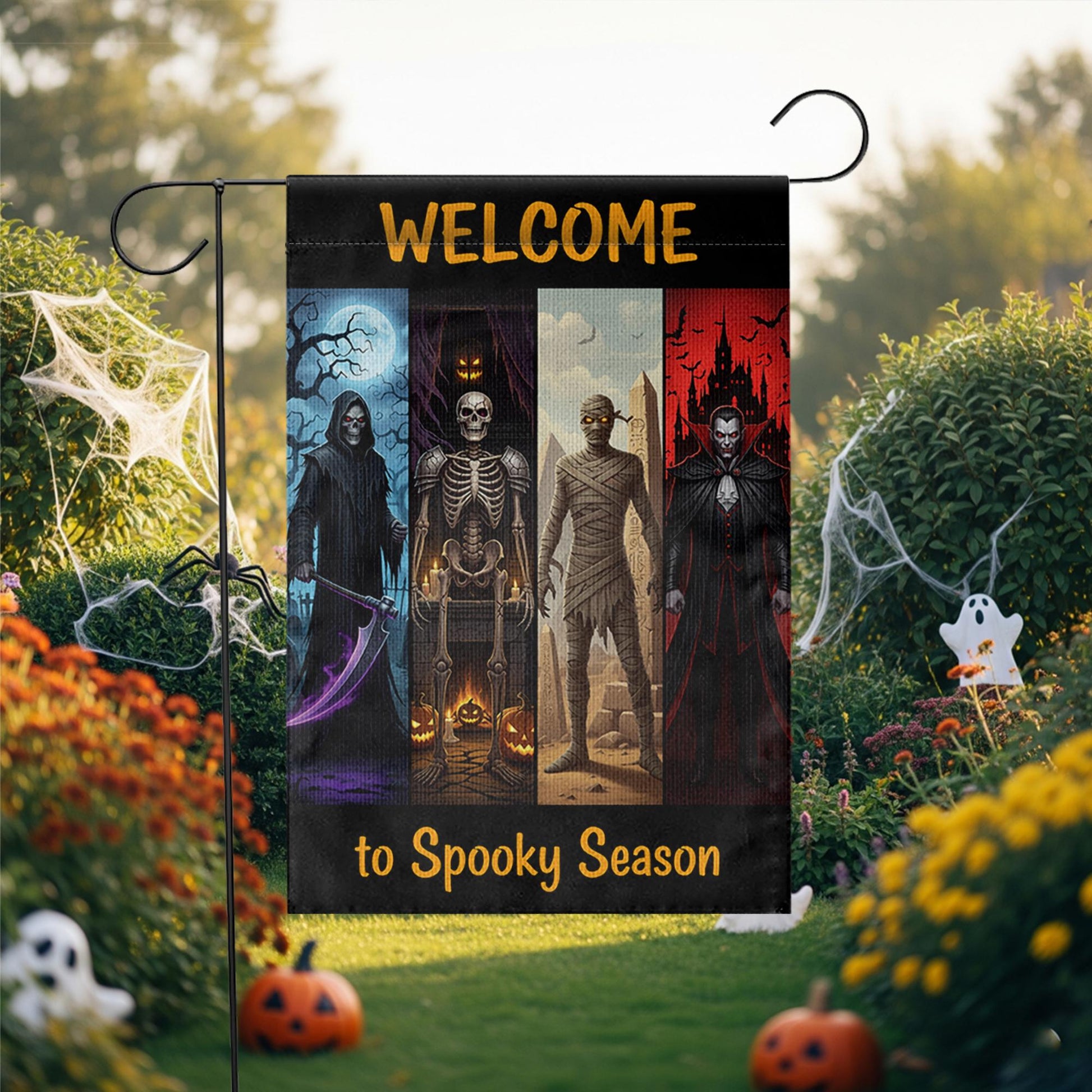Welcome to Spooky Season Garden Flag – Halloween Yard Decor with Grim Reaper, Skeleton, Mummy, Vampire – Scary Outdoor Sign