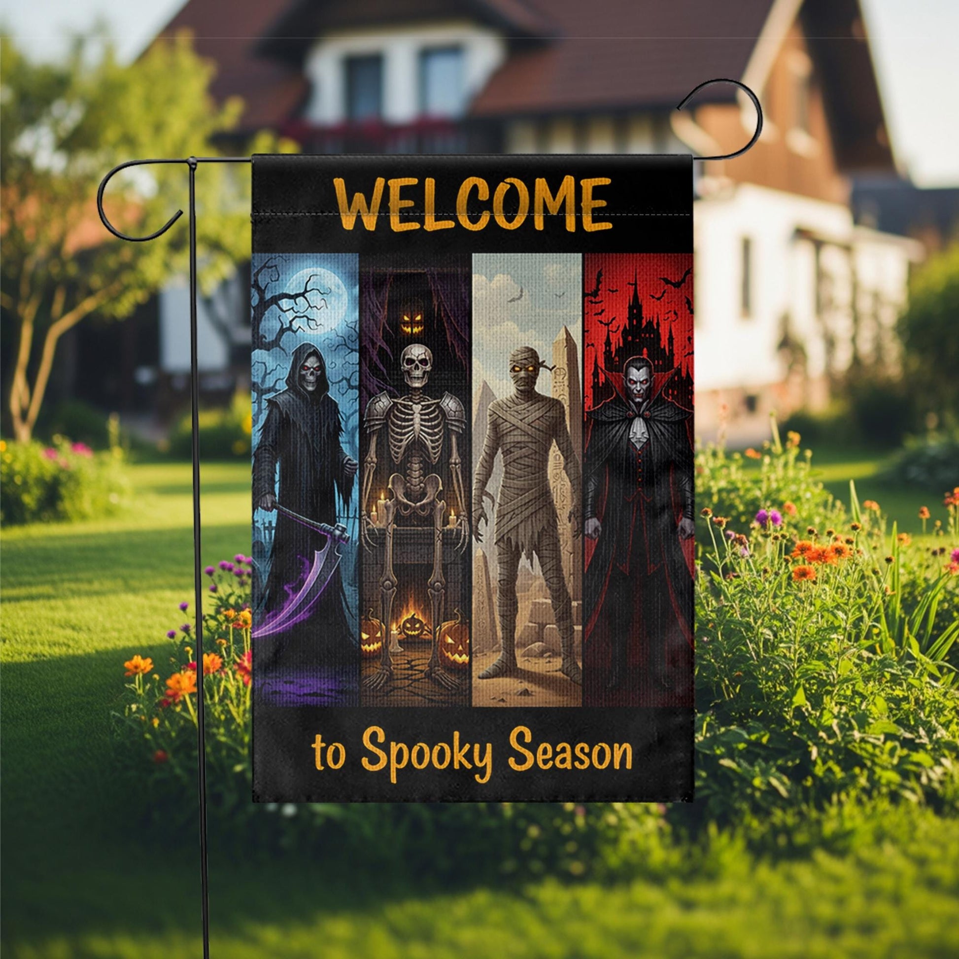 Welcome to Spooky Season Garden Flag – Halloween Yard Decor with Grim Reaper, Skeleton, Mummy, Vampire – Scary Outdoor Sign