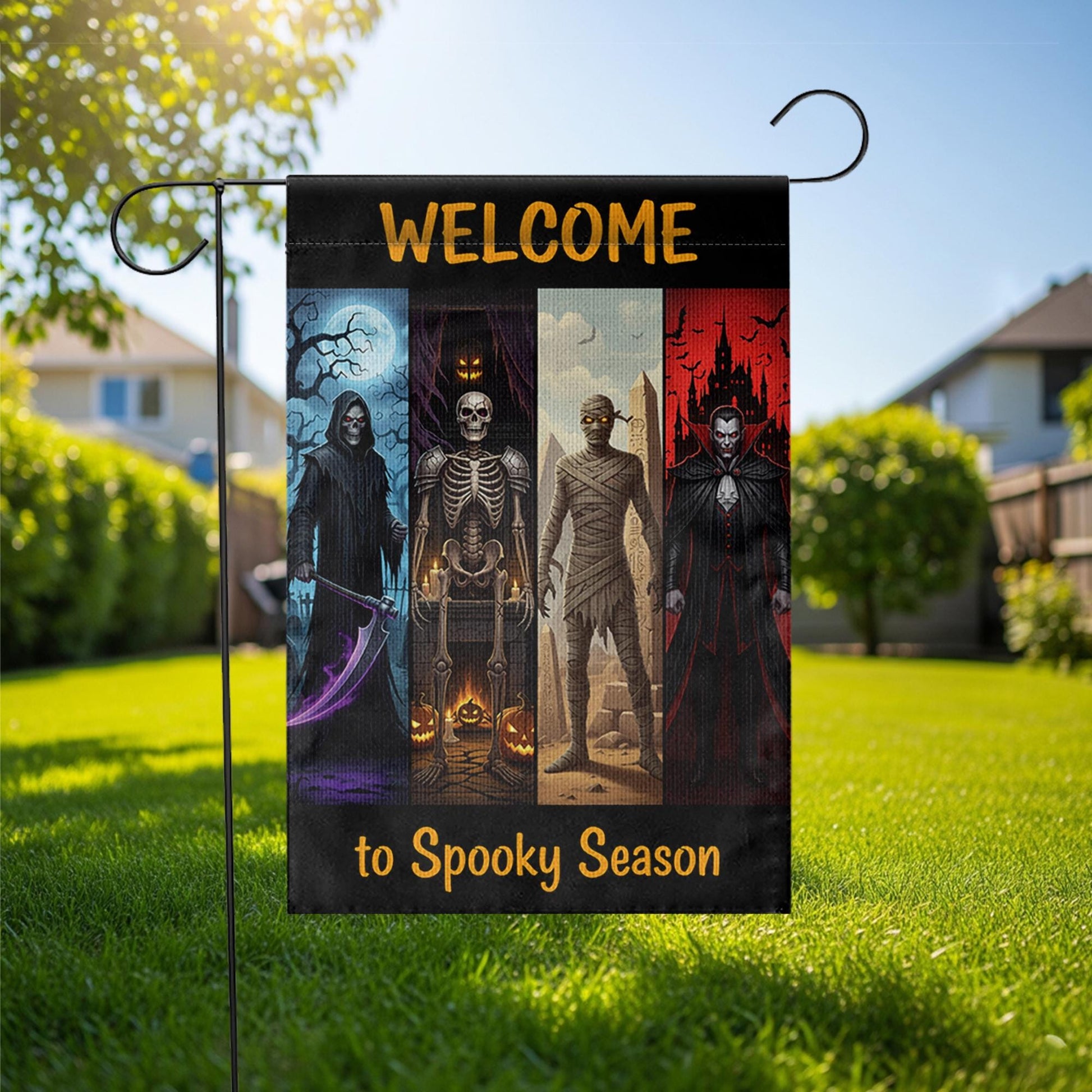 Welcome to Spooky Season Garden Flag – Halloween Yard Decor with Grim Reaper, Skeleton, Mummy, Vampire – Scary Outdoor Sign