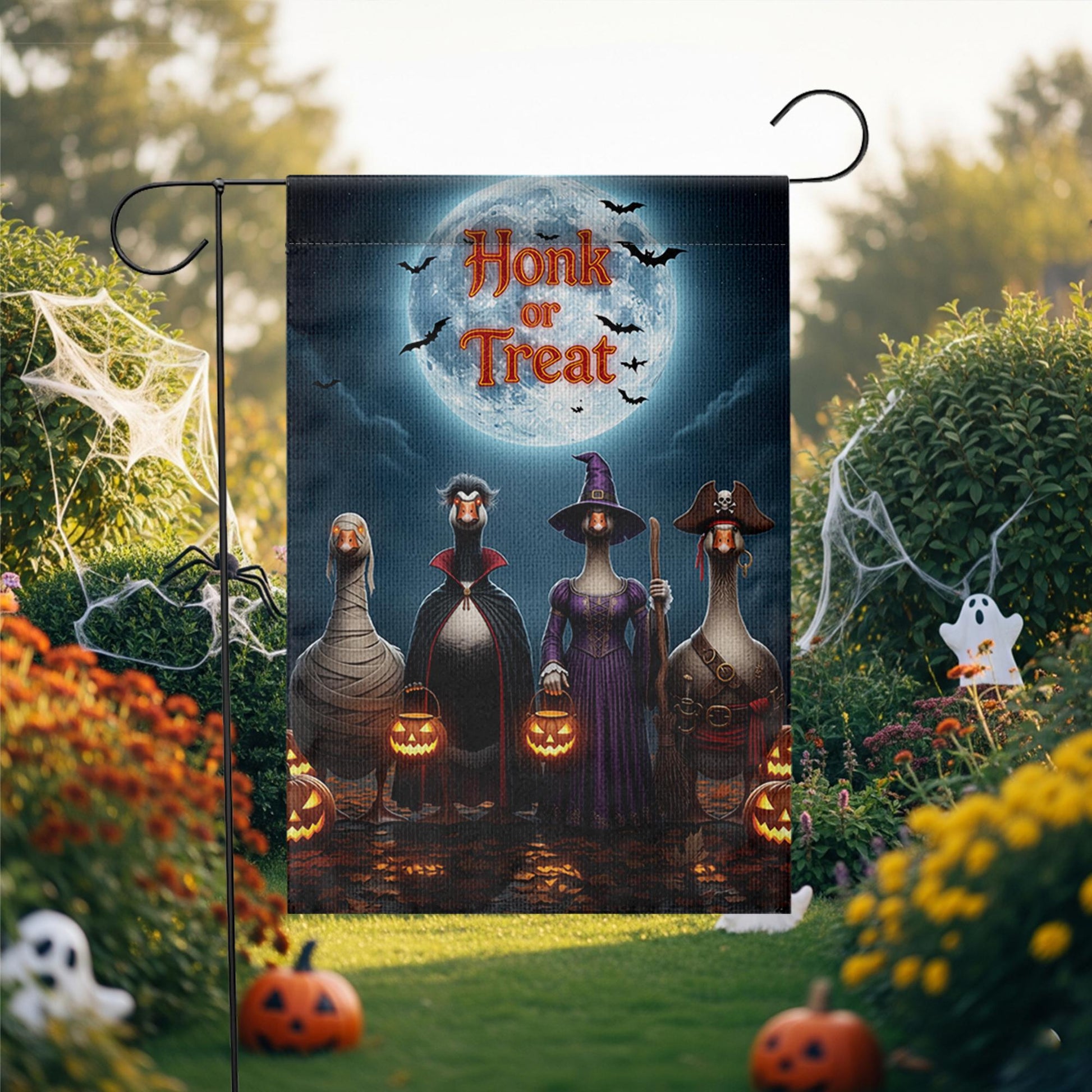 Honk or Treat Halloween Garden Flag – Funny Goose Yard Decor with Costumes, Pumpkins & Full Moon – Spooky Fall Outdoor Sign
