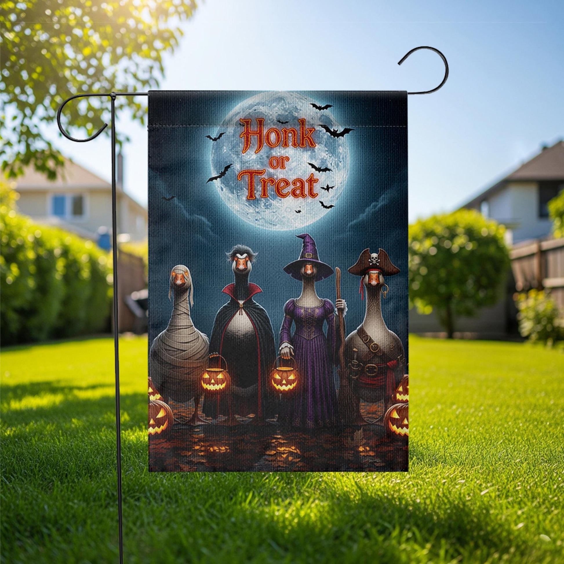 Honk or Treat Halloween Garden Flag – Funny Goose Yard Decor with Costumes, Pumpkins & Full Moon – Spooky Fall Outdoor Sign