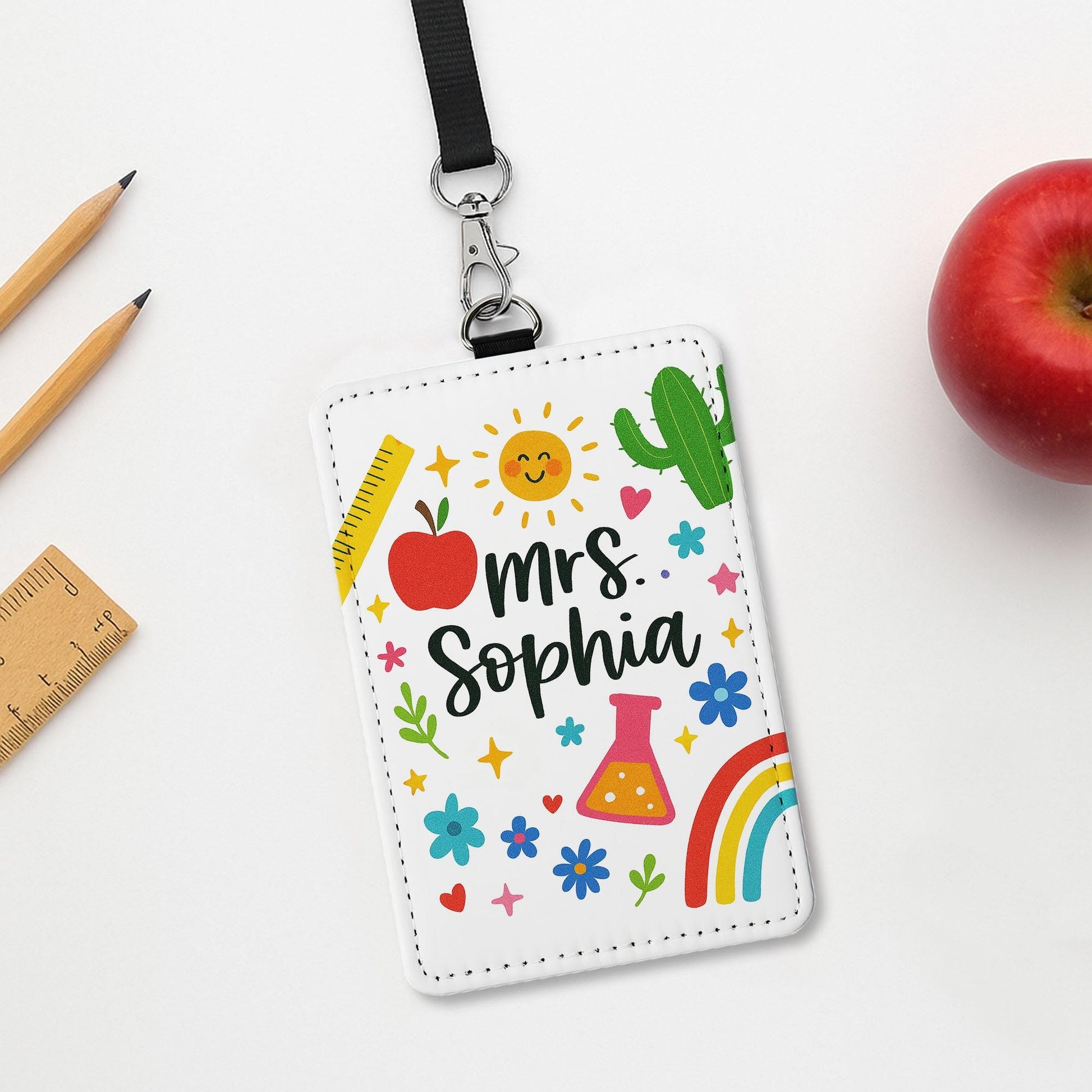 Personalized Teacher ID Badge Holder – Cute Custom Name Lanyard Card with Rainbow, Flowers, Icons – Back to School Teacher Gift, Classroom