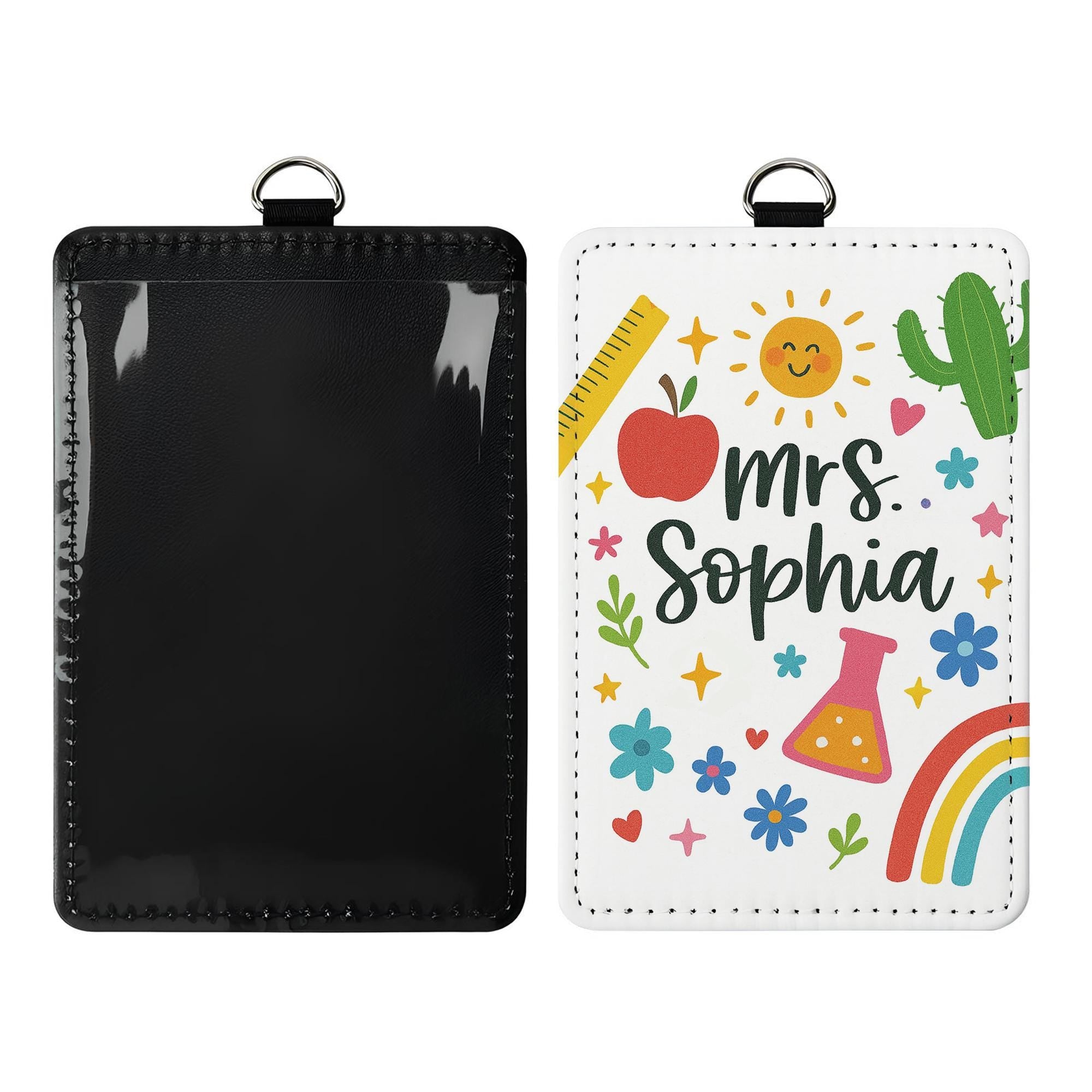 Personalized Teacher ID Badge Holder – Cute Custom Name Lanyard Card with Rainbow, Flowers, Icons – Back to School Teacher Gift, Classroom