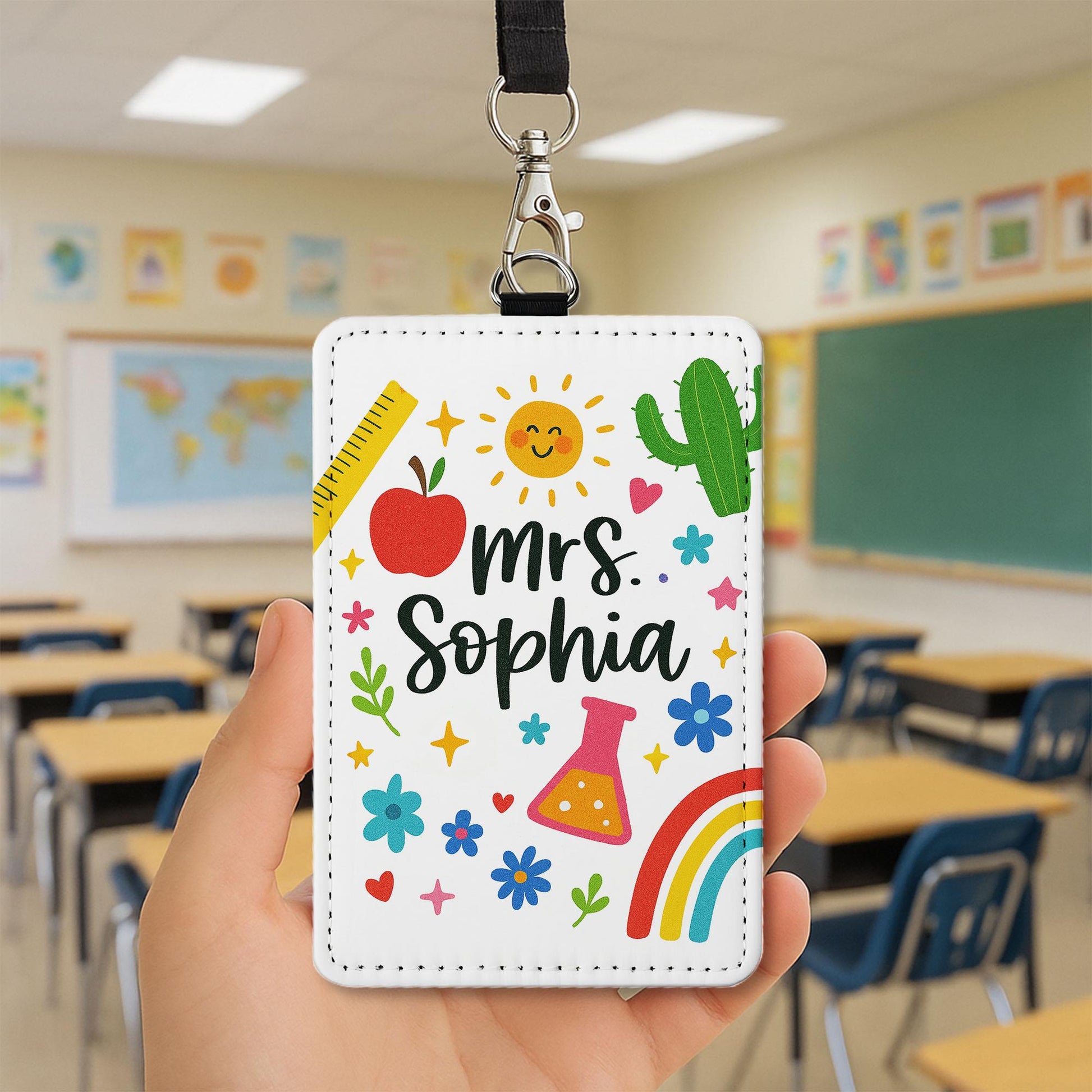 Personalized Teacher ID Badge Holder – Cute Custom Name Lanyard Card with Rainbow, Flowers, Icons – Back to School Teacher Gift, Classroom