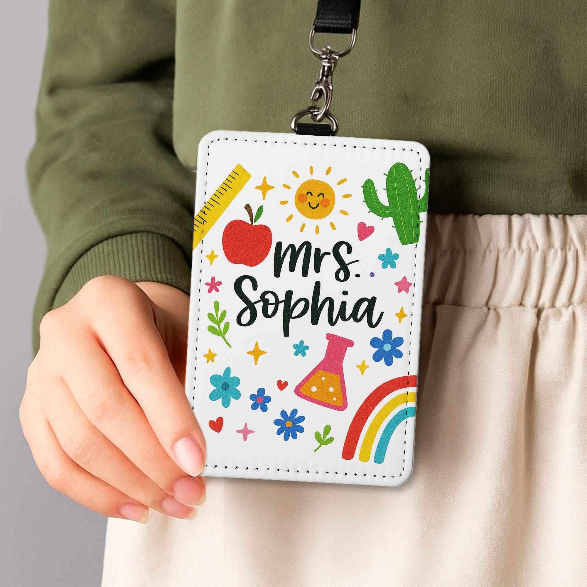 Personalized Teacher ID Badge Holder – Cute Custom Name Lanyard Card with Rainbow, Flowers, Icons – Back to School Teacher Gift, Classroom