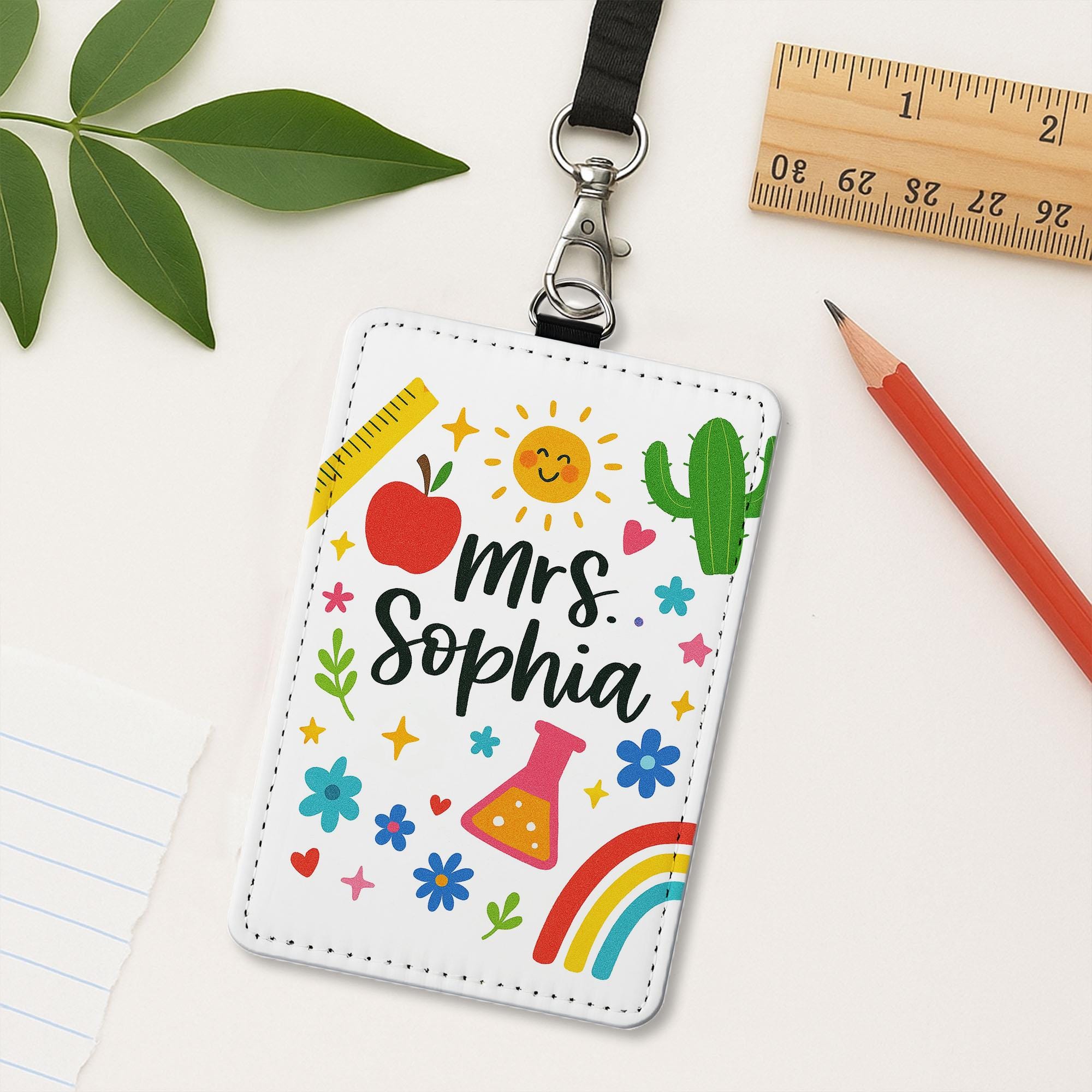 Personalized Teacher ID Badge Holder – Cute Custom Name Lanyard Card with Rainbow, Flowers, Icons – Back to School Teacher Gift, Classroom