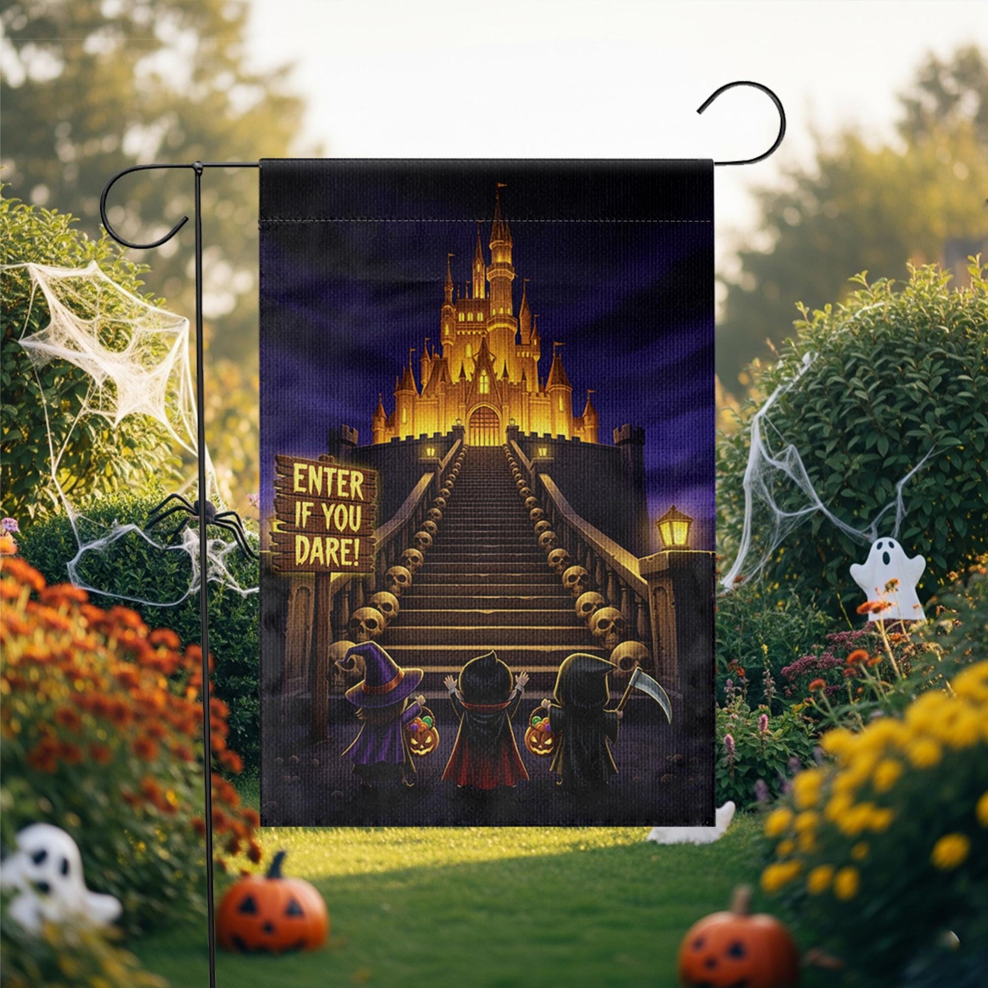 Enter If You Dare Halloween Garden Flag – Spooky Castle Yard Decor with Trick or Treat Kids and Glowing Stairway