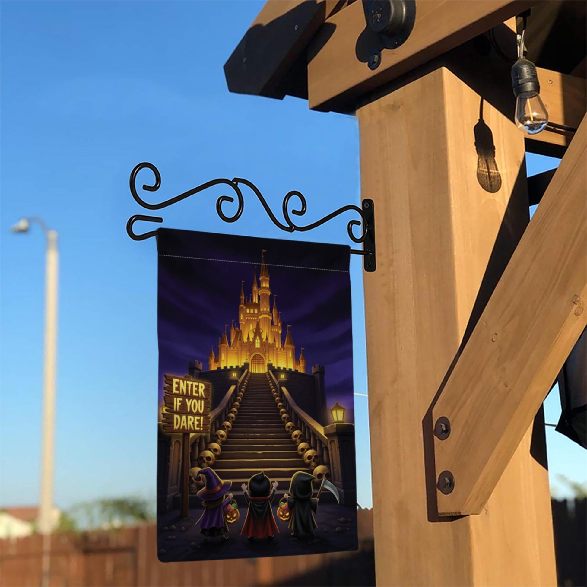 Enter If You Dare Halloween Garden Flag – Spooky Castle Yard Decor with Trick or Treat Kids and Glowing Stairway