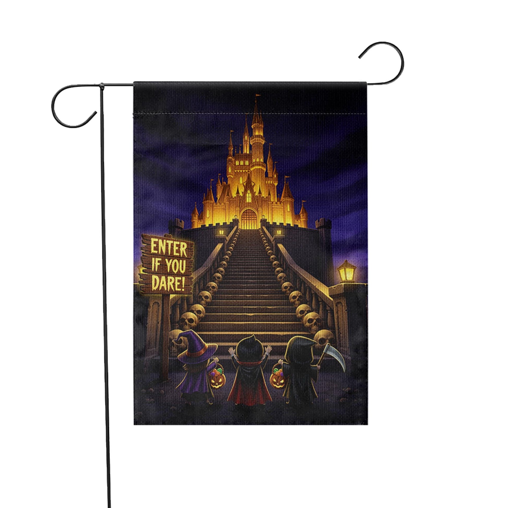 Enter If You Dare Halloween Garden Flag – Spooky Castle Yard Decor with Trick or Treat Kids and Glowing Stairway
