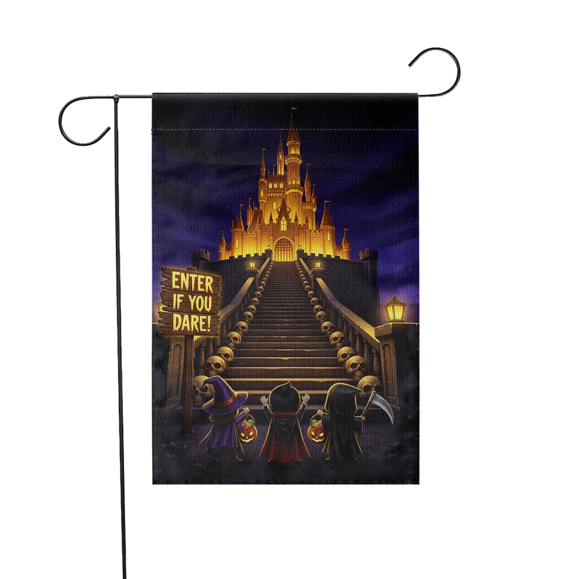 Enter If You Dare Halloween Garden Flag – Spooky Castle Yard Decor with Trick or Treat Kids and Glowing Stairway