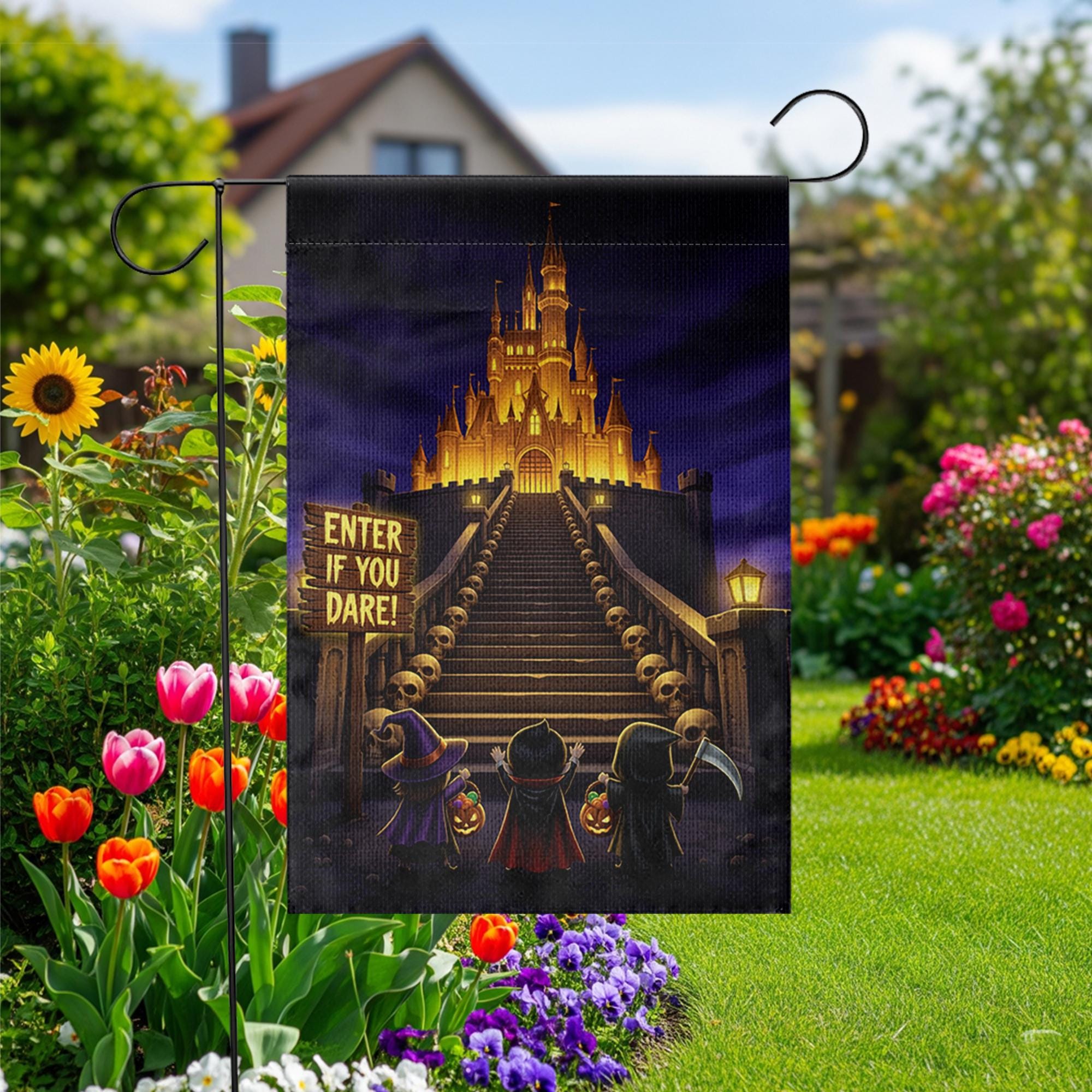 Enter If You Dare Halloween Garden Flag – Spooky Castle Yard Decor with Trick or Treat Kids and Glowing Stairway