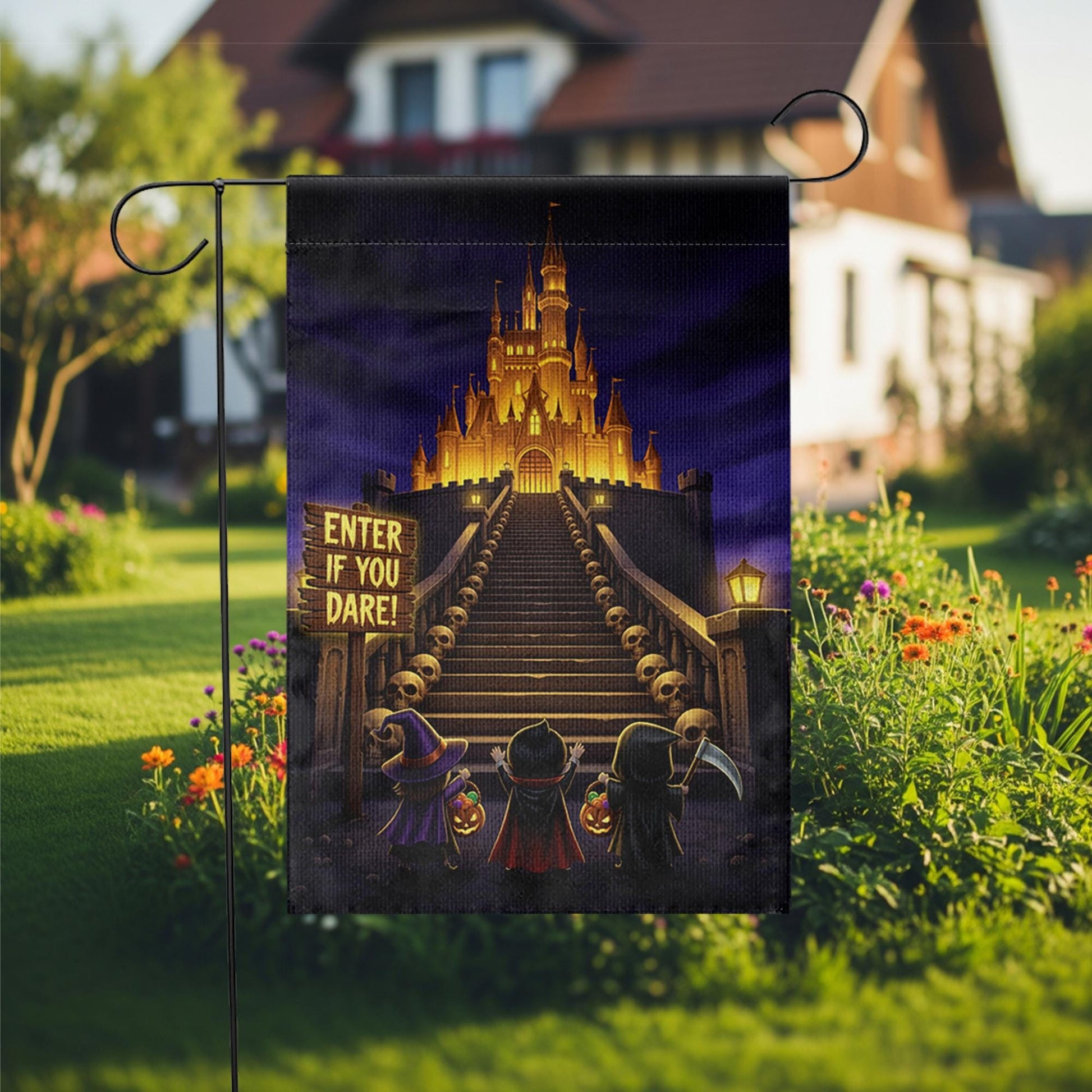 Enter If You Dare Halloween Garden Flag – Spooky Castle Yard Decor with Trick or Treat Kids and Glowing Stairway