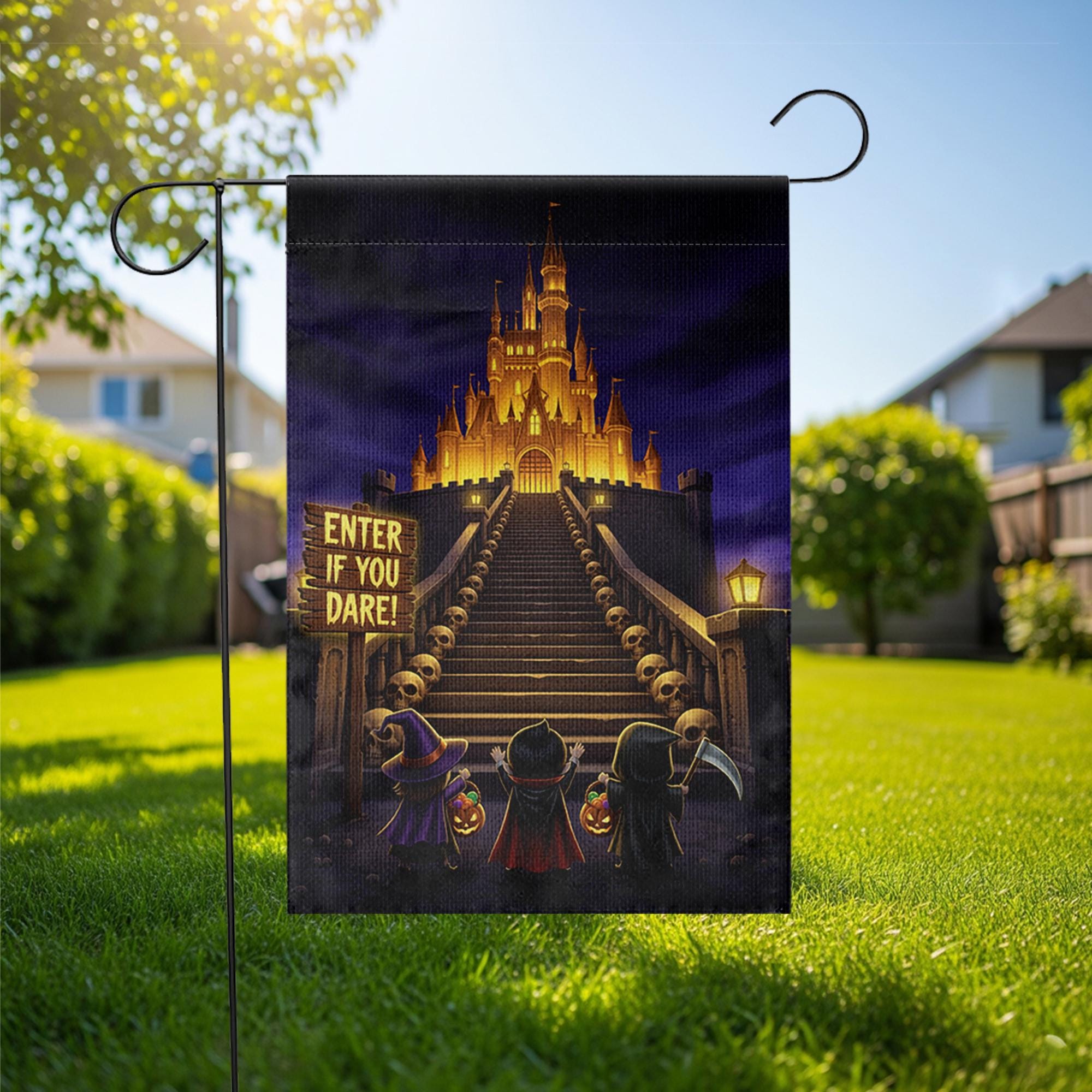 Enter If You Dare Halloween Garden Flag – Spooky Castle Yard Decor with Trick or Treat Kids and Glowing Stairway