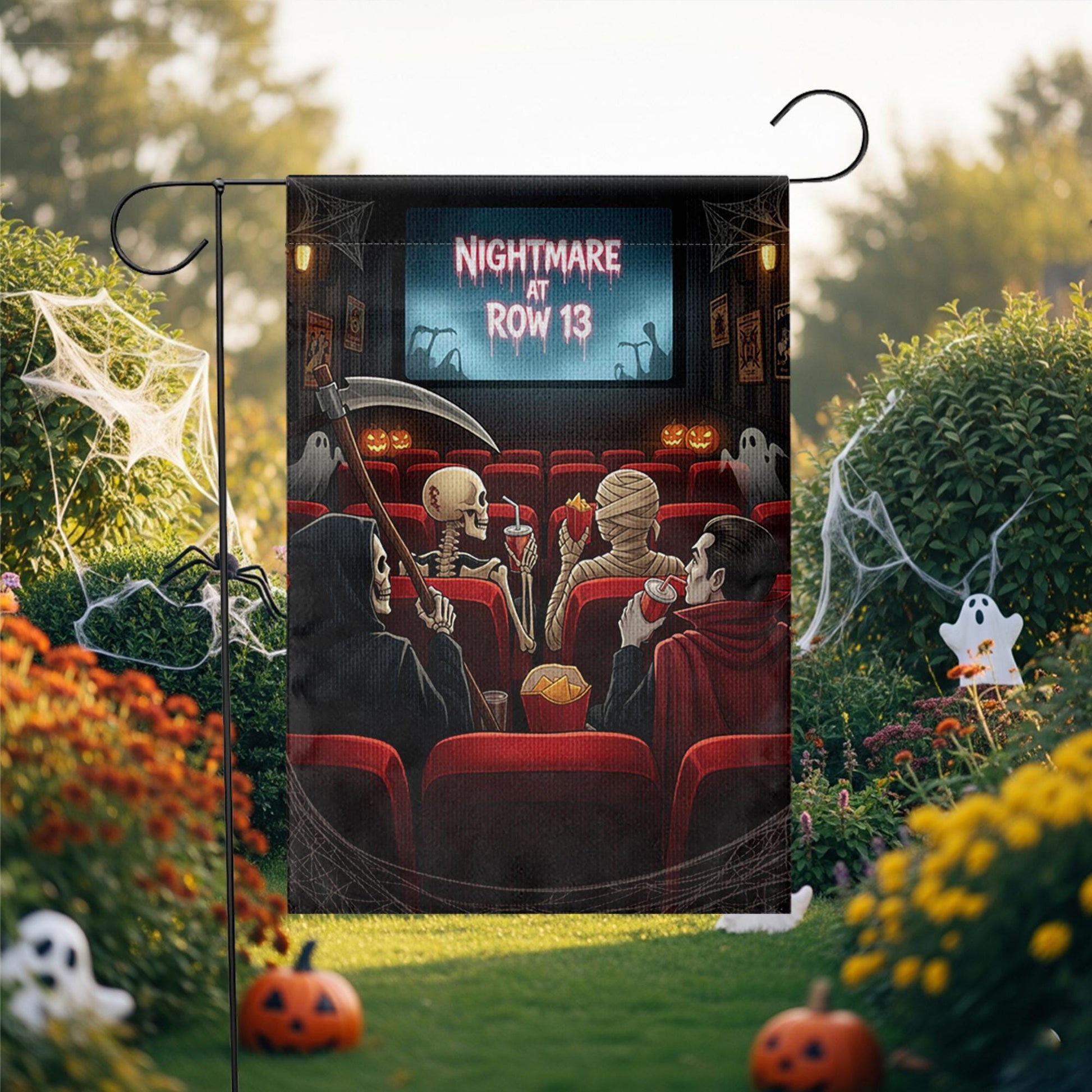Nightmare at Row 13 Halloween Garden Flag – Funny Horror Movie Theater Decor with Skeleton, Mummy, Reaper, Vampire