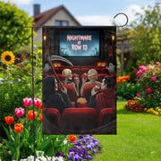 Nightmare at Row 13 Halloween Garden Flag – Funny Horror Movie Theater Decor with Skeleton, Mummy, Reaper, Vampire