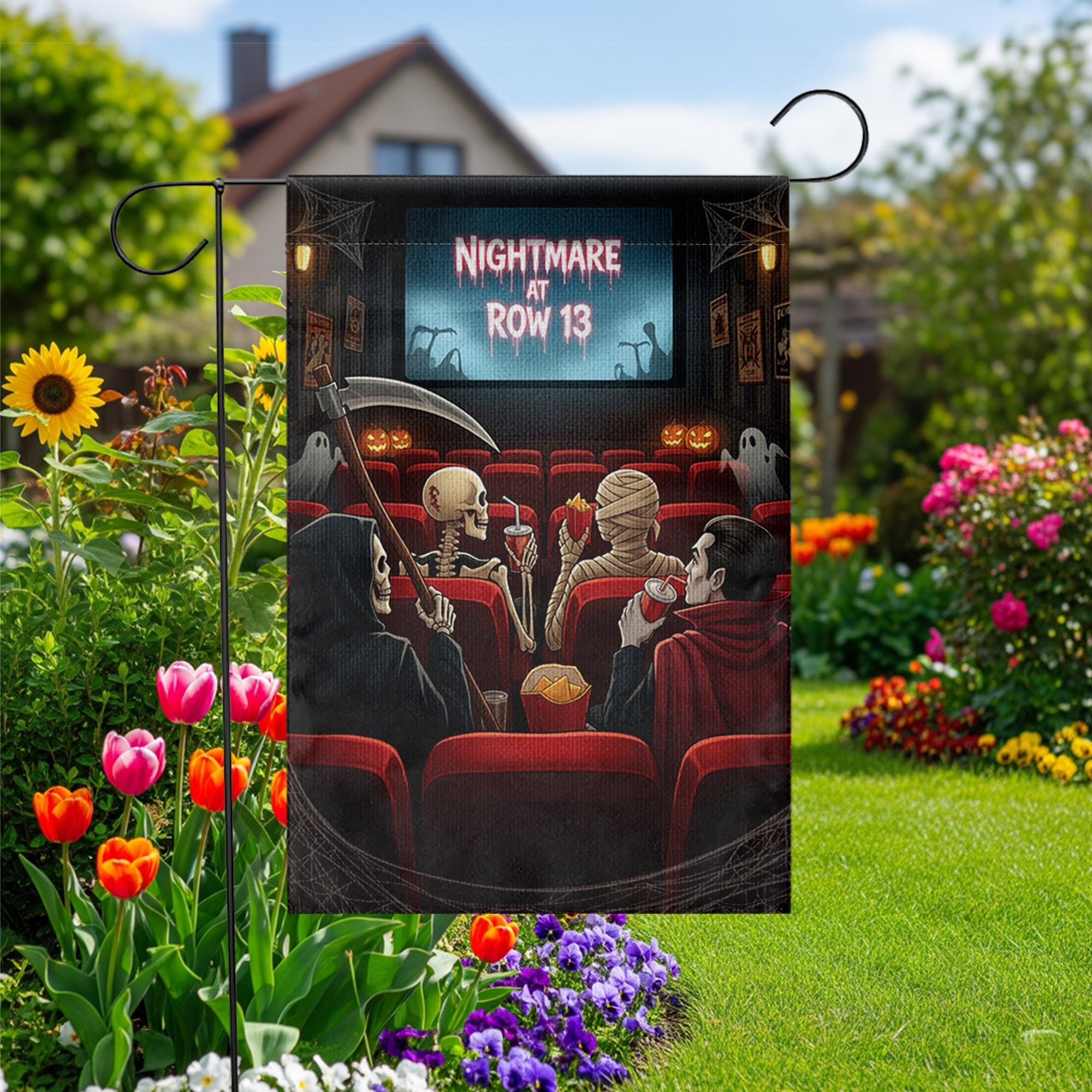Nightmare at Row 13 Halloween Garden Flag – Funny Horror Movie Theater Decor with Skeleton, Mummy, Reaper, Vampire