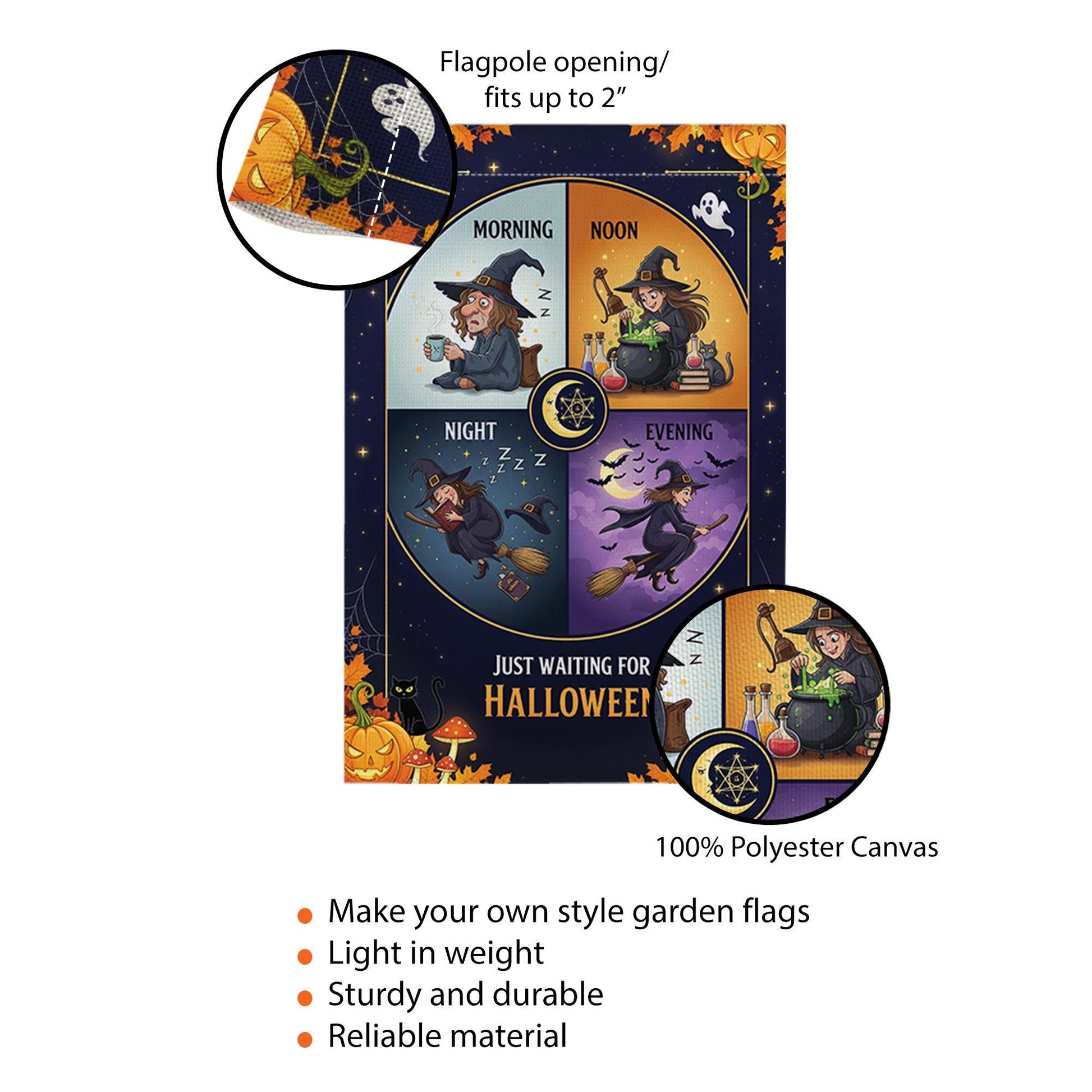 Just Waiting for Halloween Garden Flag – Funny Witch Daily Routine Yard Decor for Spooky Season – Cute Fall Outdoor Sign