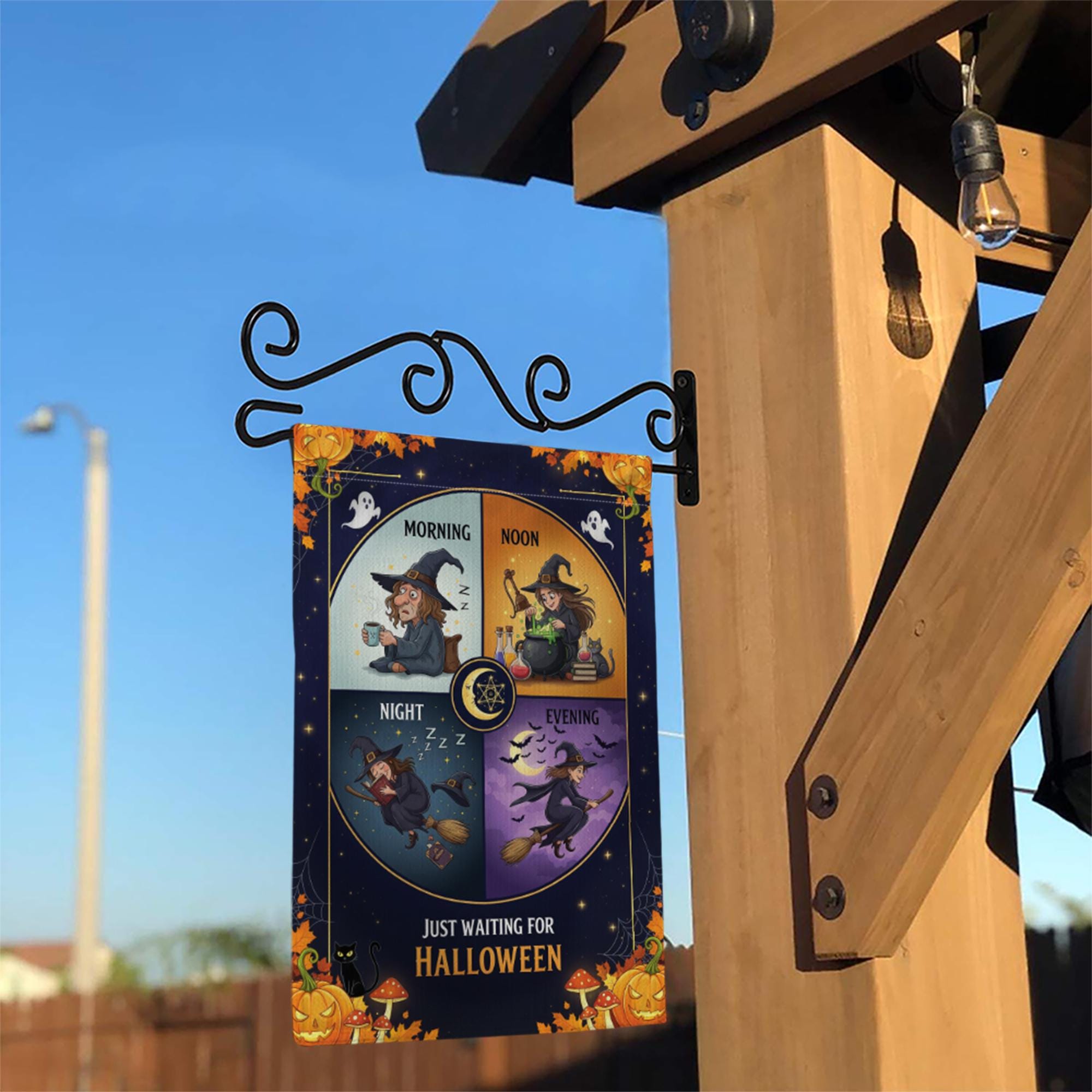 Just Waiting for Halloween Garden Flag – Funny Witch Daily Routine Yard Decor for Spooky Season – Cute Fall Outdoor Sign