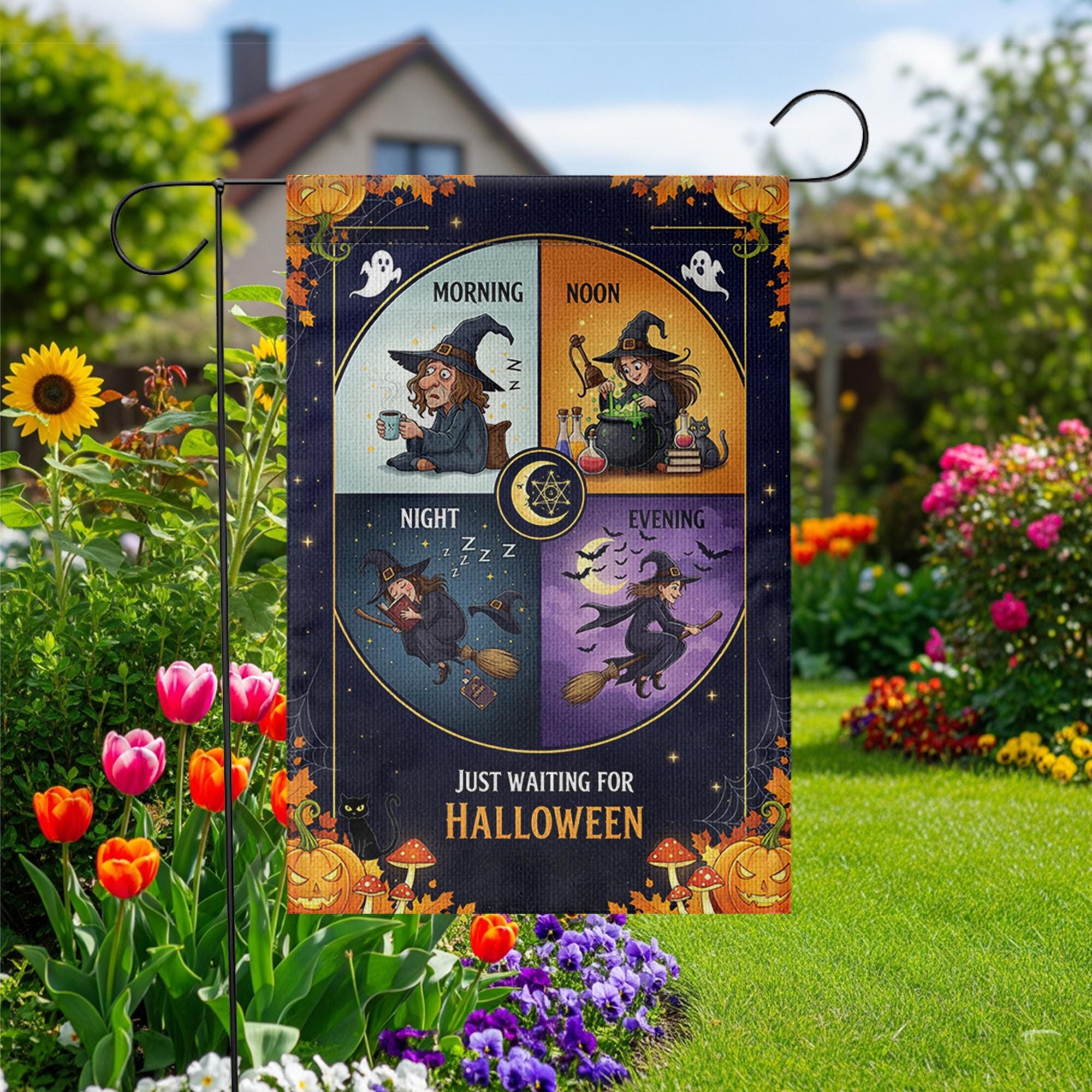 Just Waiting for Halloween Garden Flag – Funny Witch Daily Routine Yard Decor for Spooky Season – Cute Fall Outdoor Sign