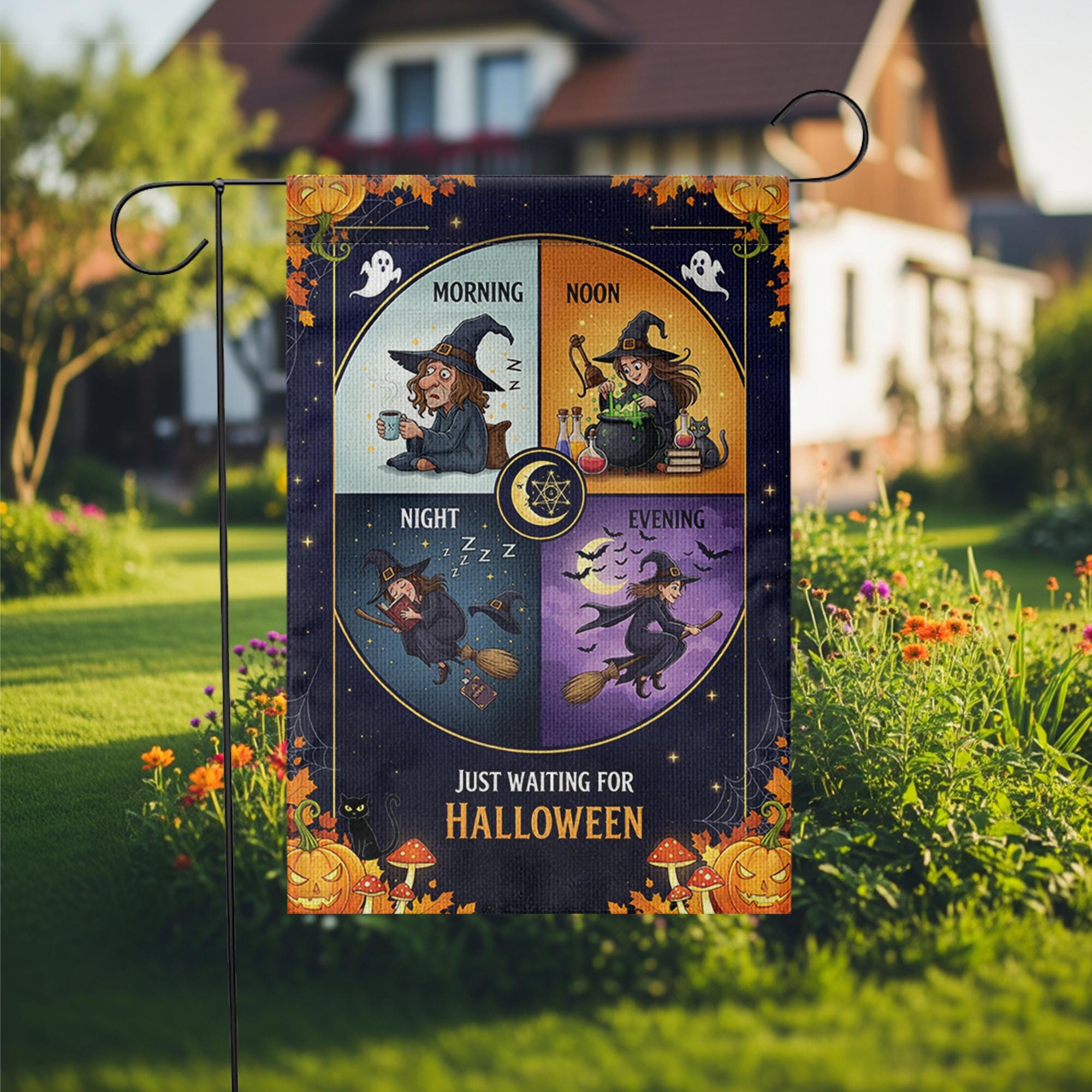 Just Waiting for Halloween Garden Flag – Funny Witch Daily Routine Yard Decor for Spooky Season – Cute Fall Outdoor Sign