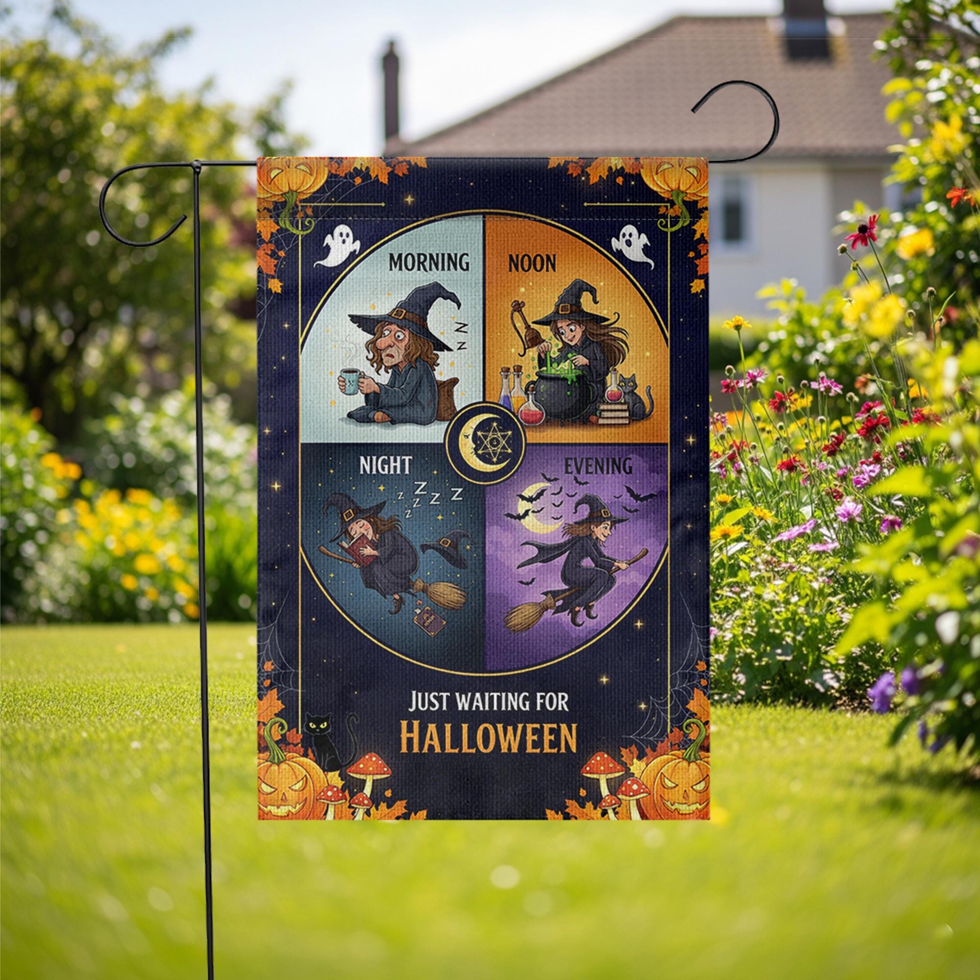 Just Waiting for Halloween Garden Flag – Funny Witch Daily Routine Yard Decor for Spooky Season – Cute Fall Outdoor Sign