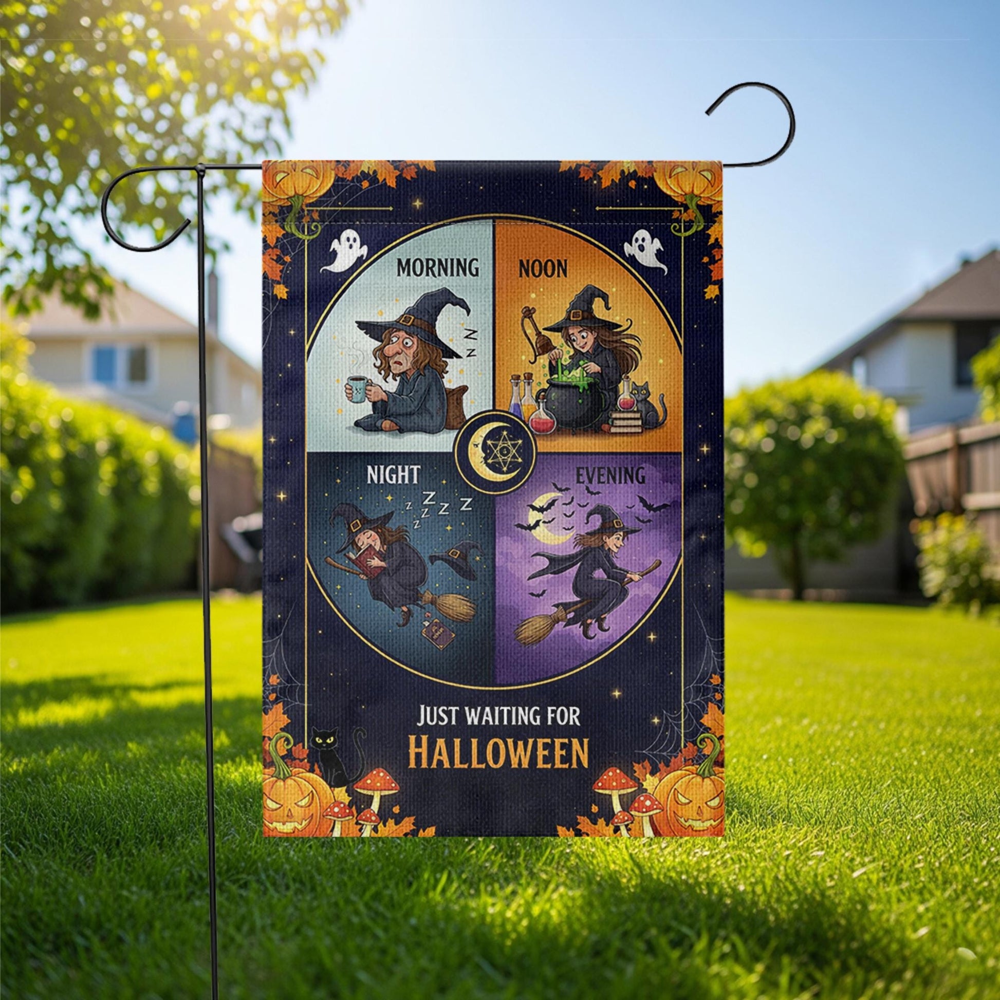 Just Waiting for Halloween Garden Flag – Funny Witch Daily Routine Yard Decor for Spooky Season – Cute Fall Outdoor Sign