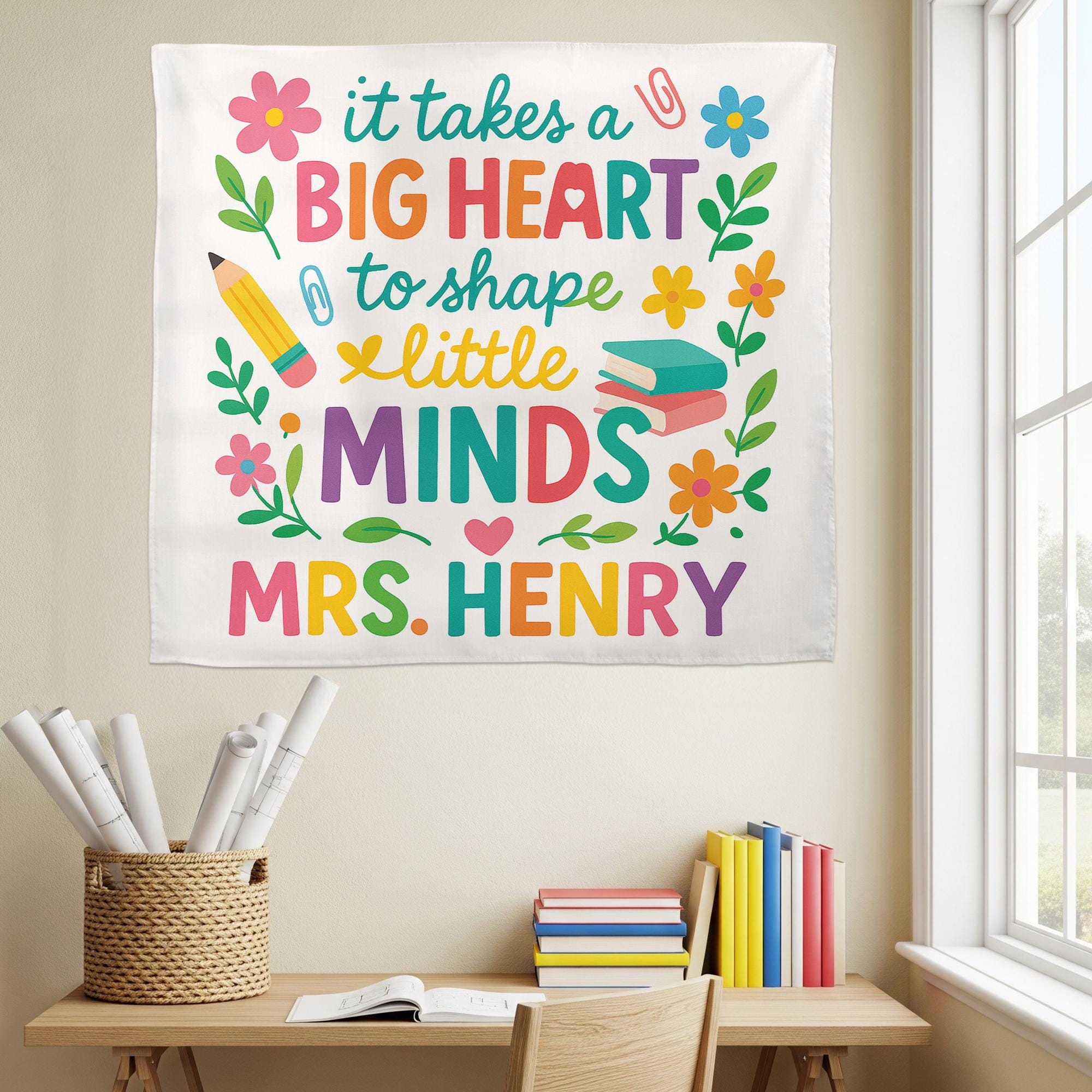 Teacher Wall Tapestry, Big Heart Little Minds Sign, Classroom Decor Personalized, Teacher Gift Banner, Custom Teacher Name Flag