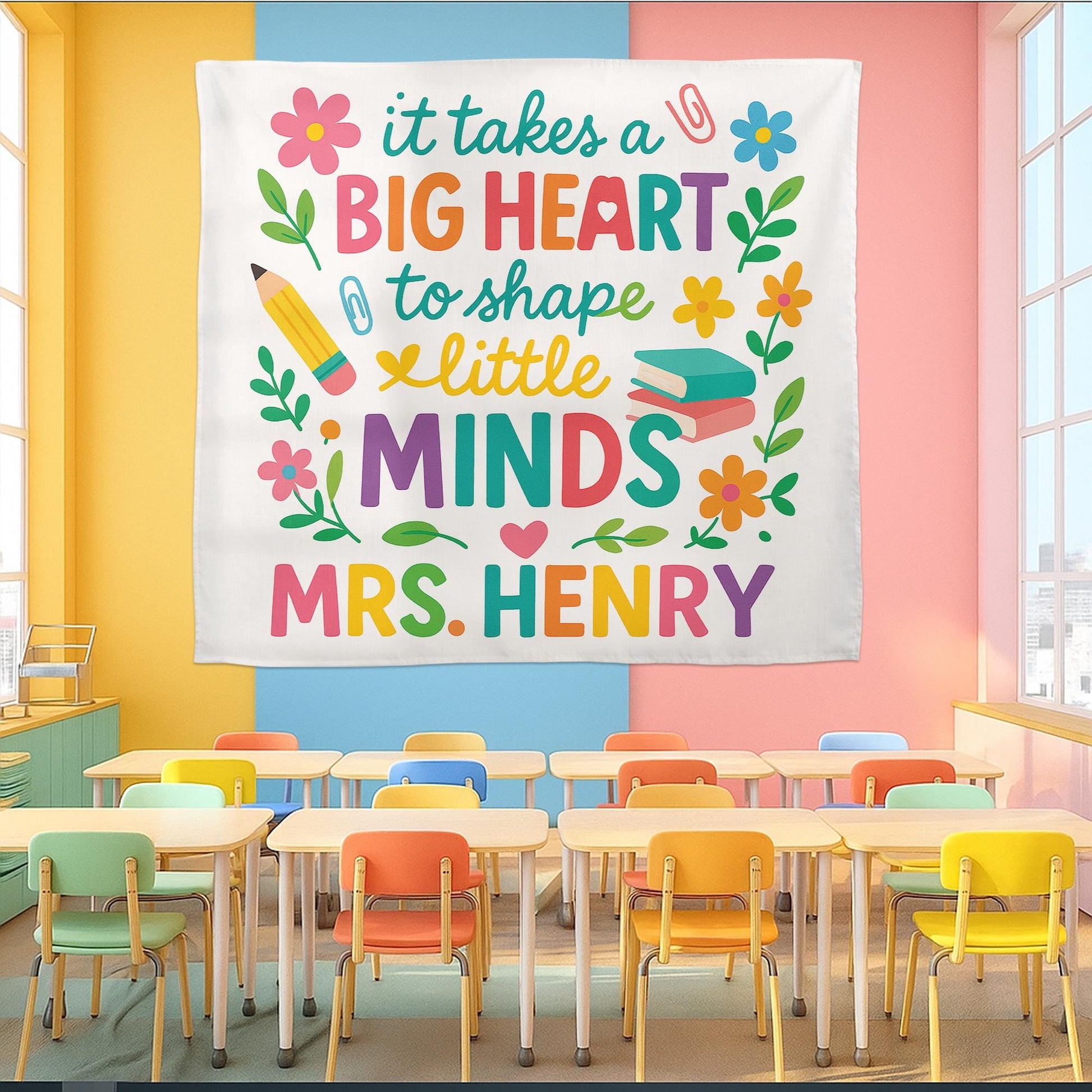 Teacher Wall Tapestry, Big Heart Little Minds Sign, Classroom Decor Personalized, Teacher Gift Banner, Custom Teacher Name Flag