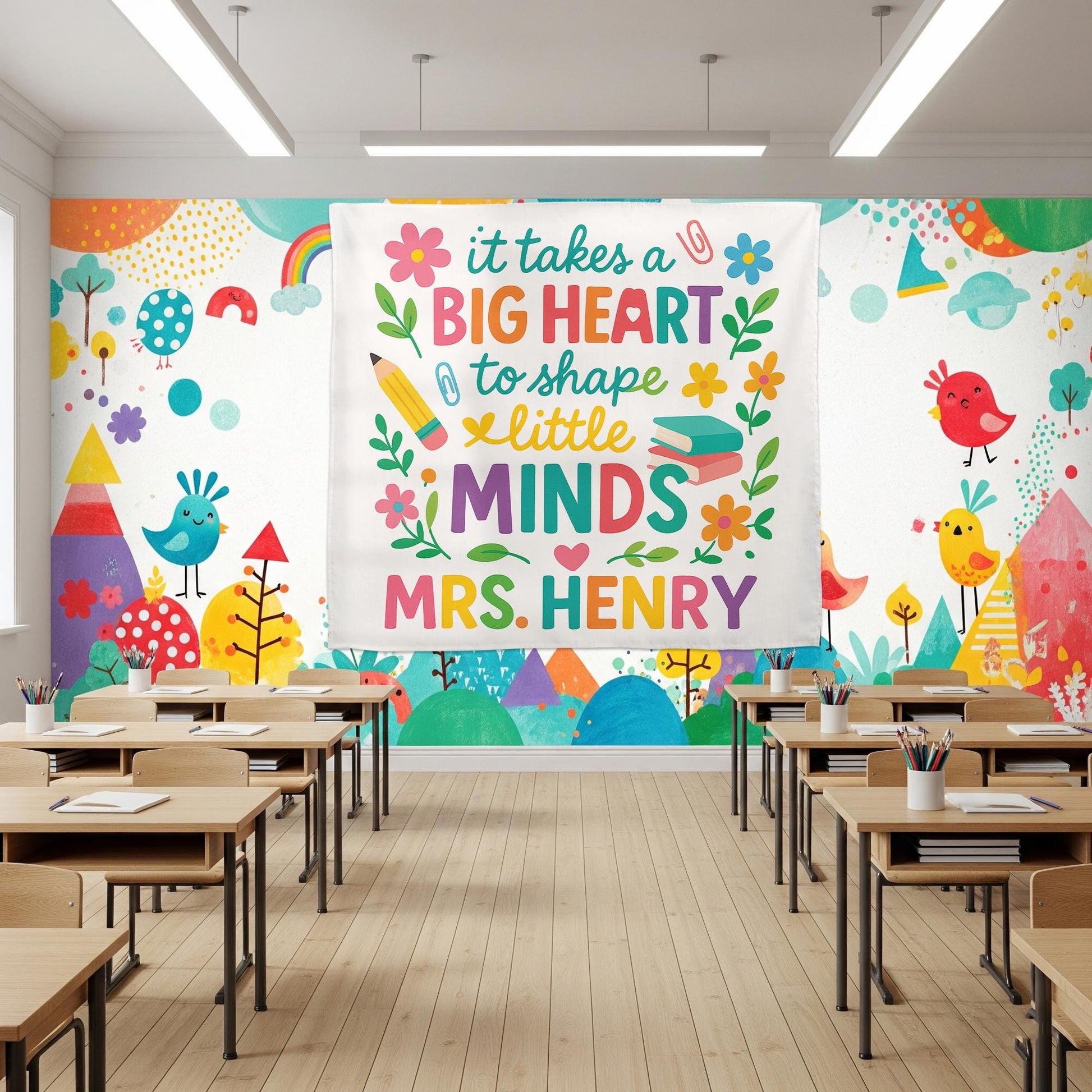 Teacher Wall Tapestry, Big Heart Little Minds Sign, Classroom Decor Personalized, Teacher Gift Banner, Custom Teacher Name Flag