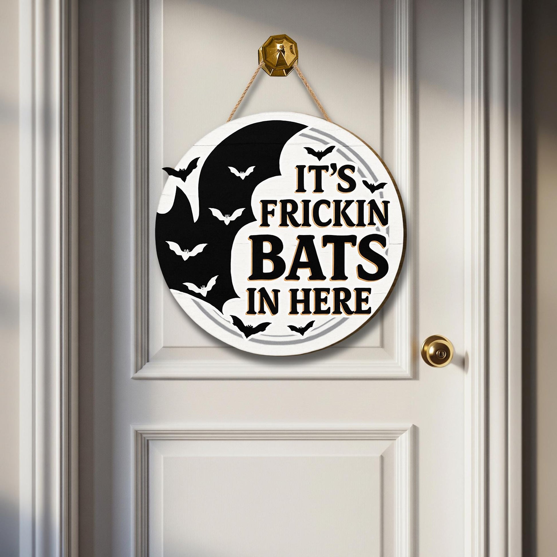 It’s Frickin Bats In Here Door Hanger, Funny Halloween Bat Sign, Spooky Porch Decor, Gothic Wood Hanging Sign for Fall Entryway