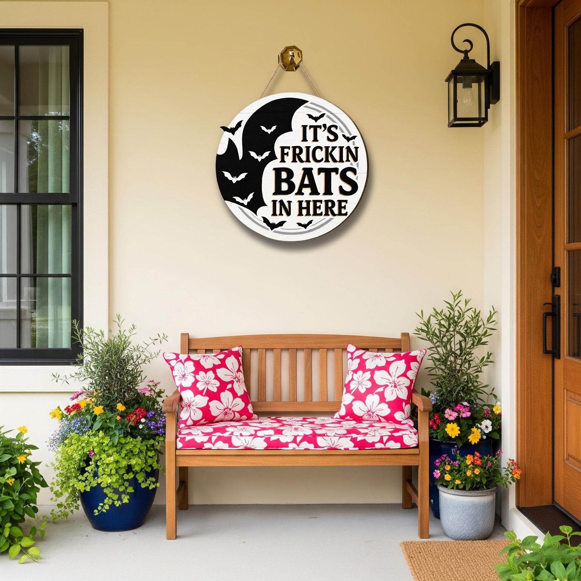 It’s Frickin Bats In Here Door Hanger, Funny Halloween Bat Sign, Spooky Porch Decor, Gothic Wood Hanging Sign for Fall Entryway